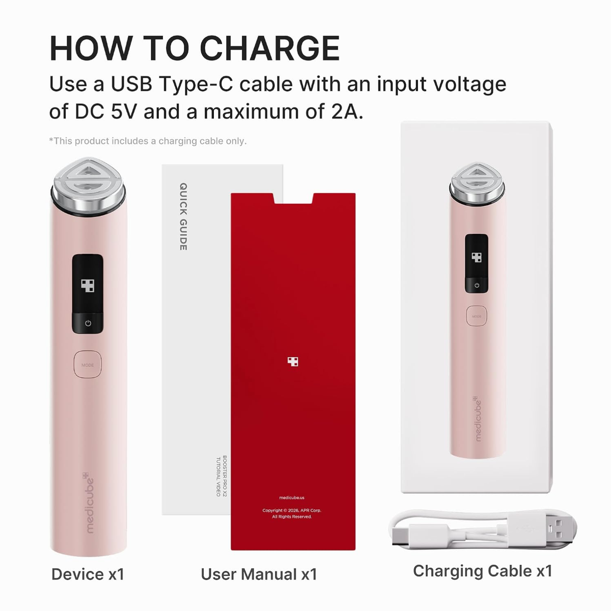 Product packaging with device, user manual, and charging cable on a white background