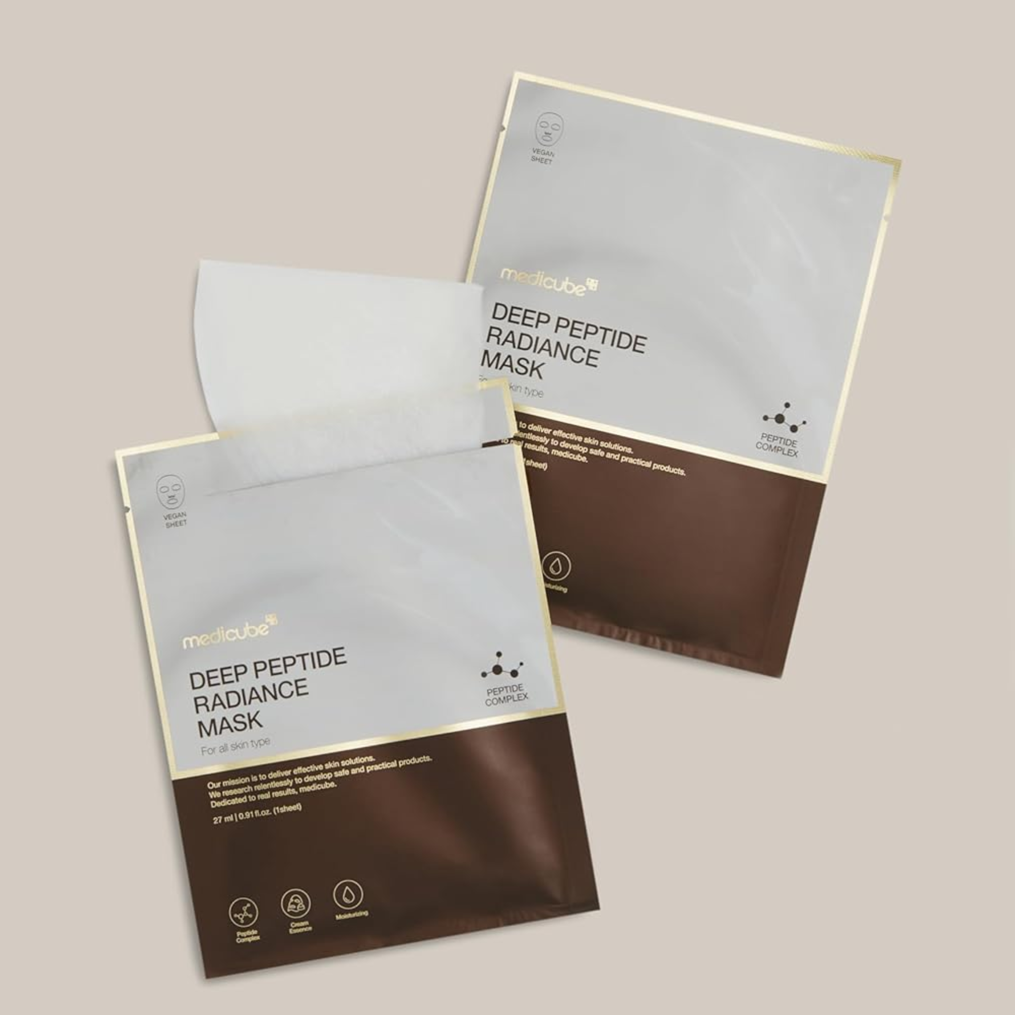 Two 'Deep Peptide Radiance Mask' packages on a beige background