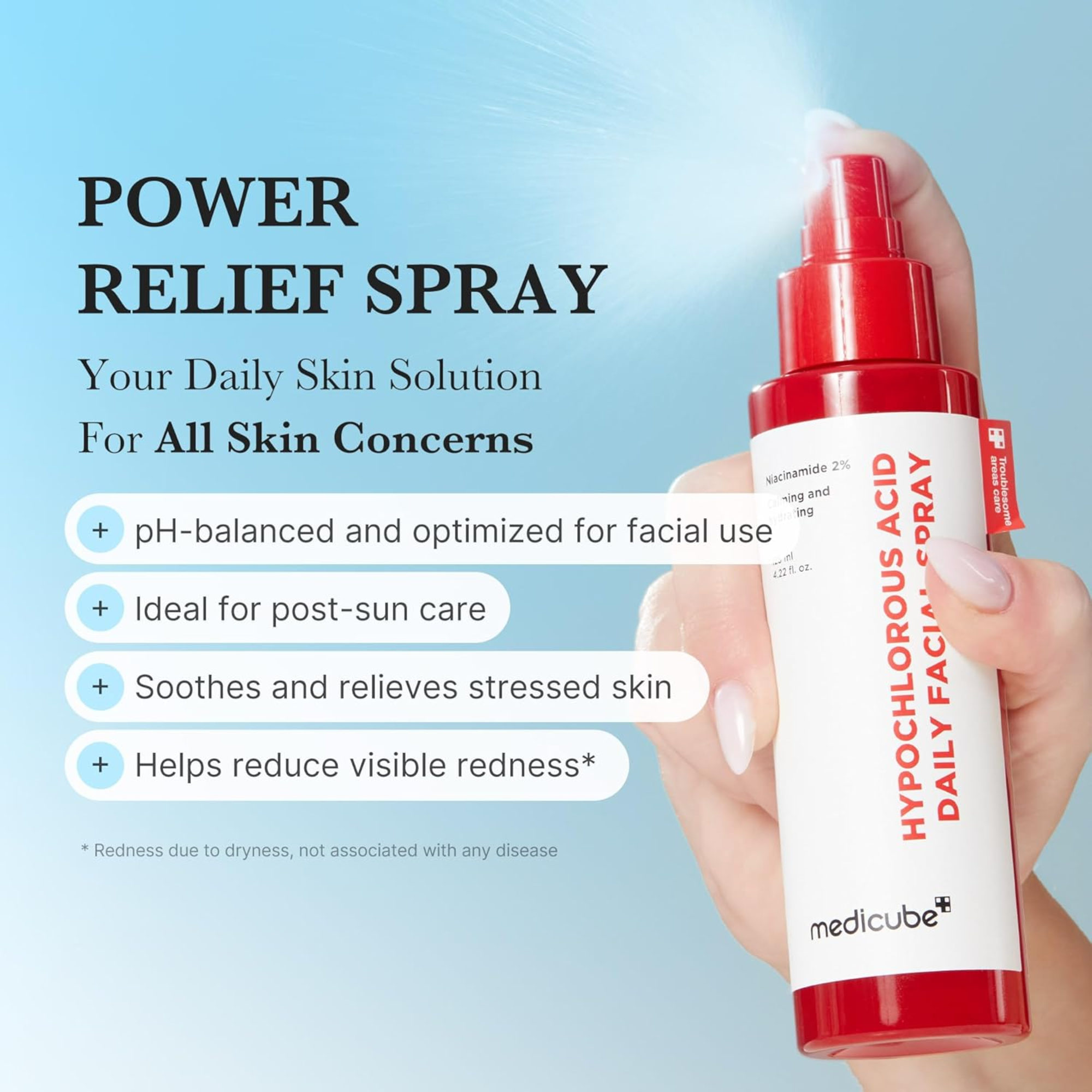 Hand holding a red and white spray bottle with text about its benefits on a blue background