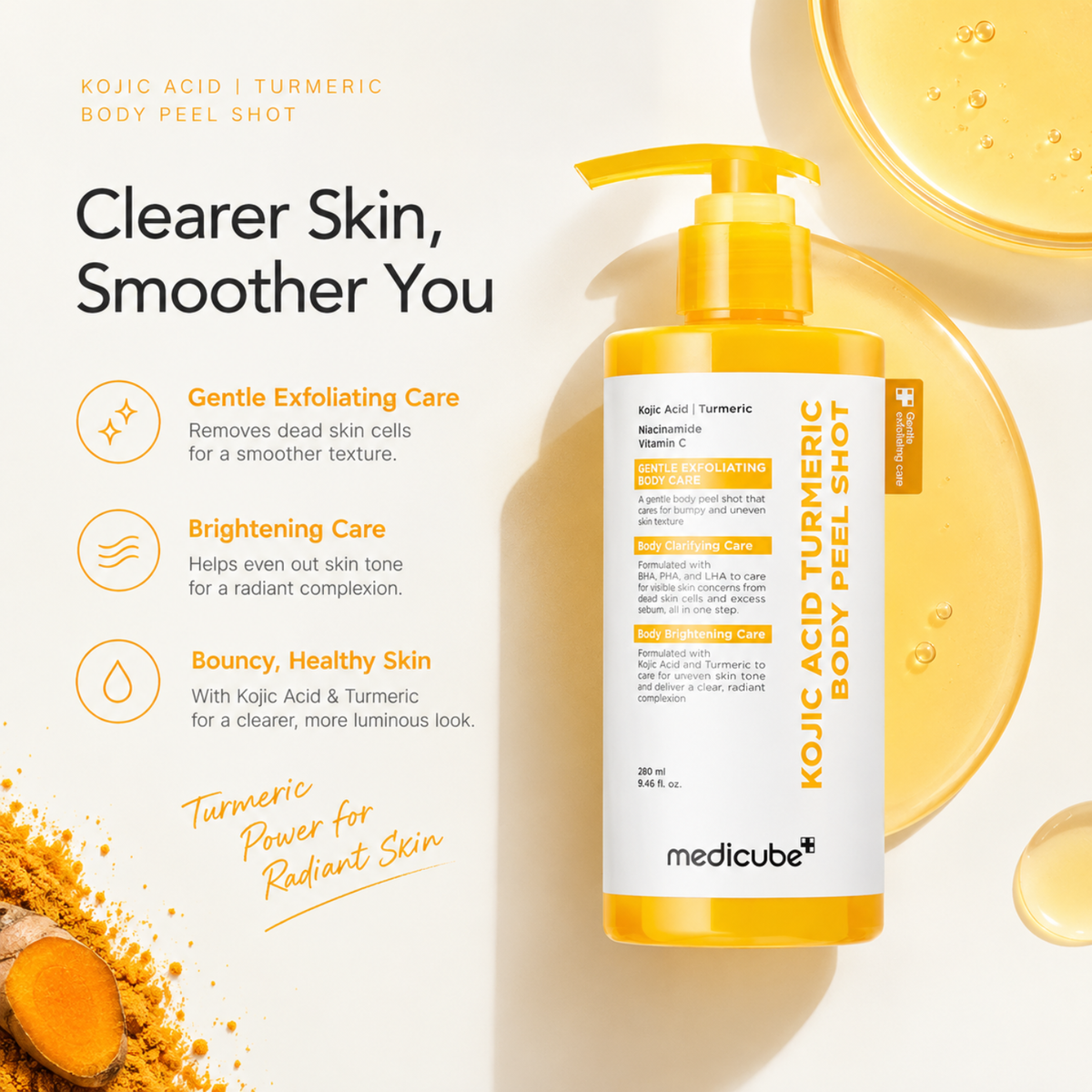 Medicube Kojic Acid + Turmeric Body Peel Shot in a yellow and white pump bottle, displayed alongside product benefits and ingredient imagery of turmeric root on a warm cream background.