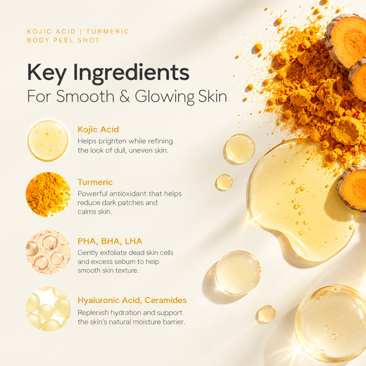 A skincare infographic titled 'Key Ingredients For Smooth & Glowing Skin' on a warm cream background. It lists and visually represents key ingredients including Kojic Acid, Turmeric, PHA, BHA, LHA, and Hyaluronic Acid with circular ingredient swatches, powder piles, and translucent liquid droplets.