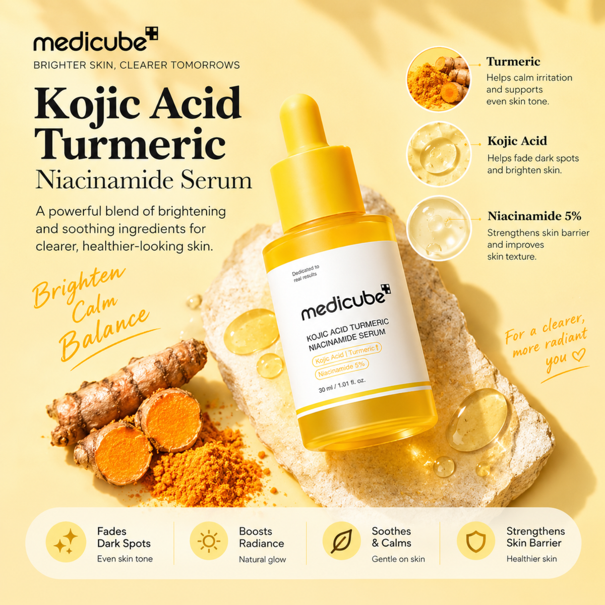 Medicube Kojic Acid Turmeric Niacinamide Serum bottle on a warm beige background with turmeric root, turmeric powder, and golden serum droplets. Text highlights key ingredients and skin benefits.