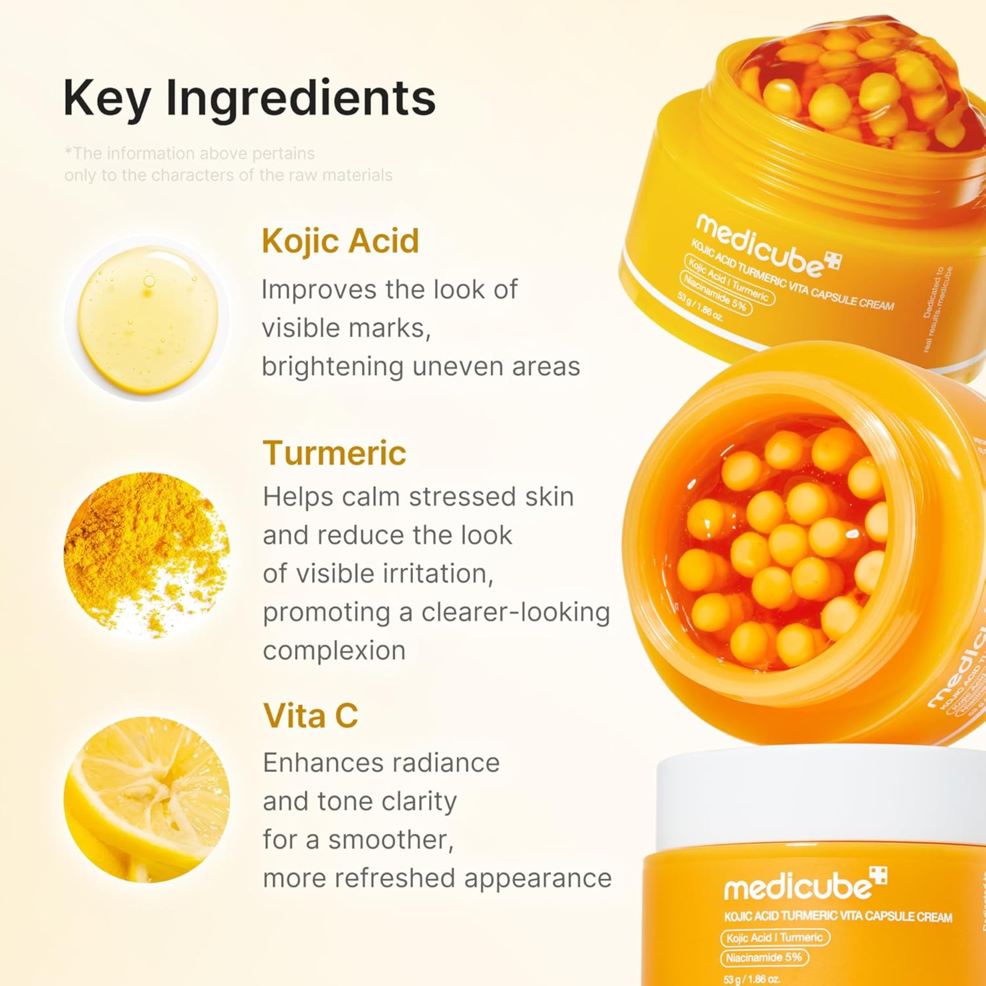 Medicube skincare product with key ingredients listed on a beige background