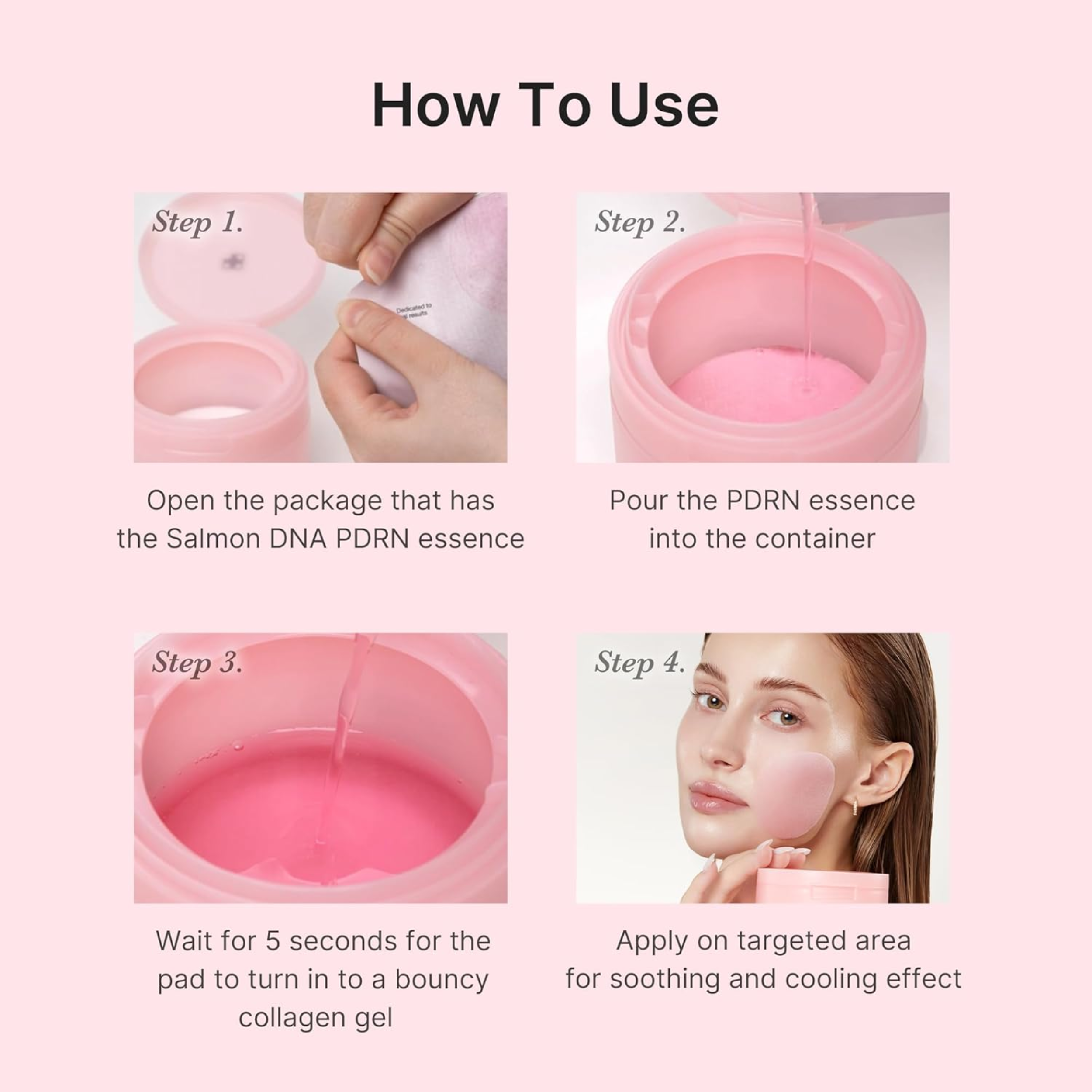 Step-by-step guide on how to use Salmon DNA PDRN essence with images and text.