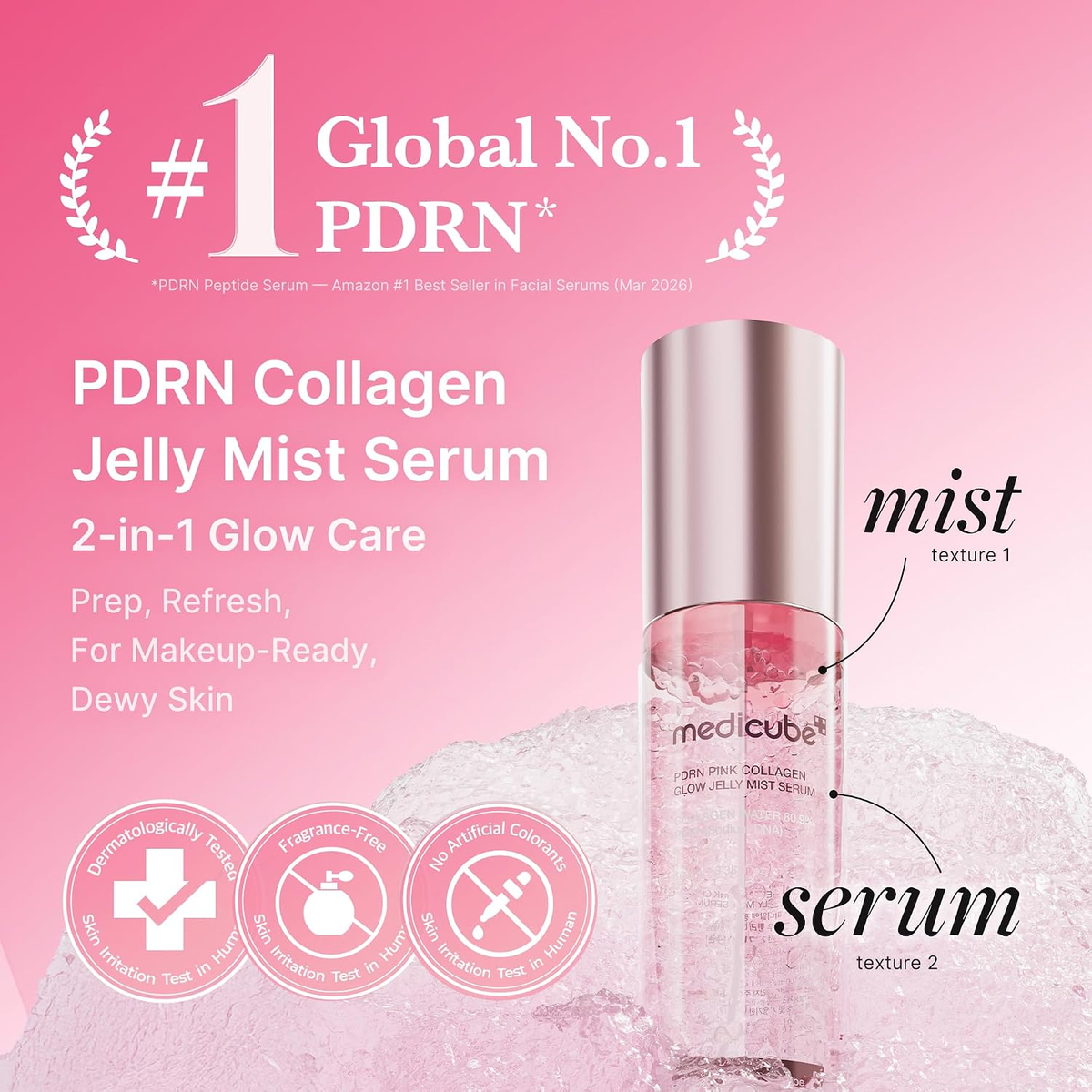 PDRN Collagen Jelly Mist Serum bottle on a pink background with product details.
