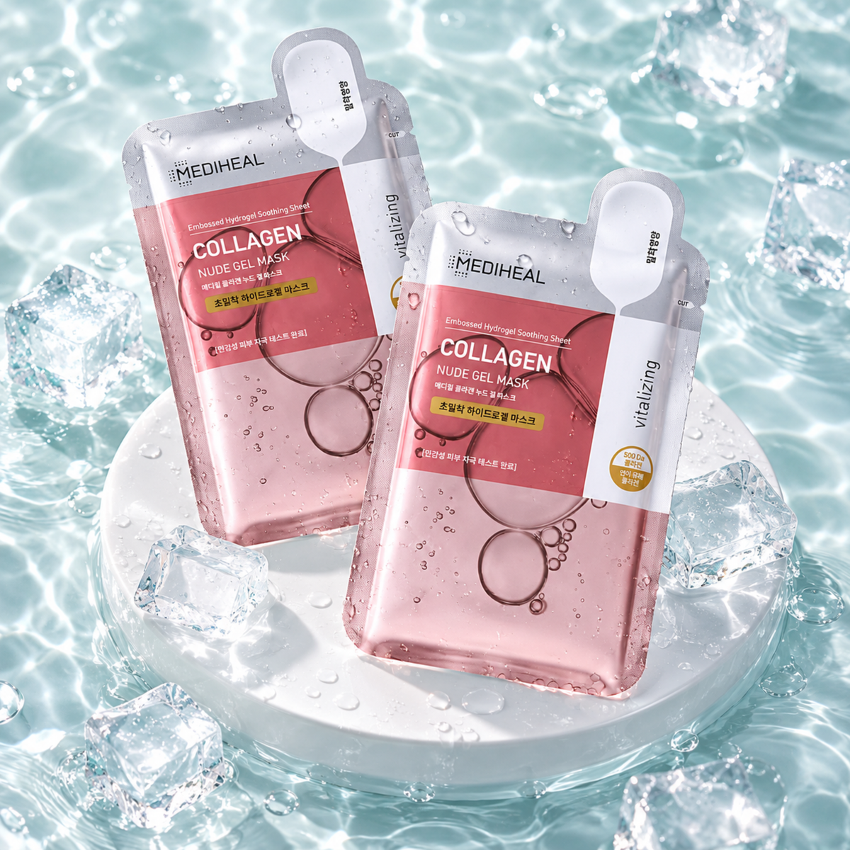 Two MEDiheal Collagen Nuide Gel Masks in pink and rose packaging, displayed on a white pedestal surrounded by ice cubes against a cool blue water background.