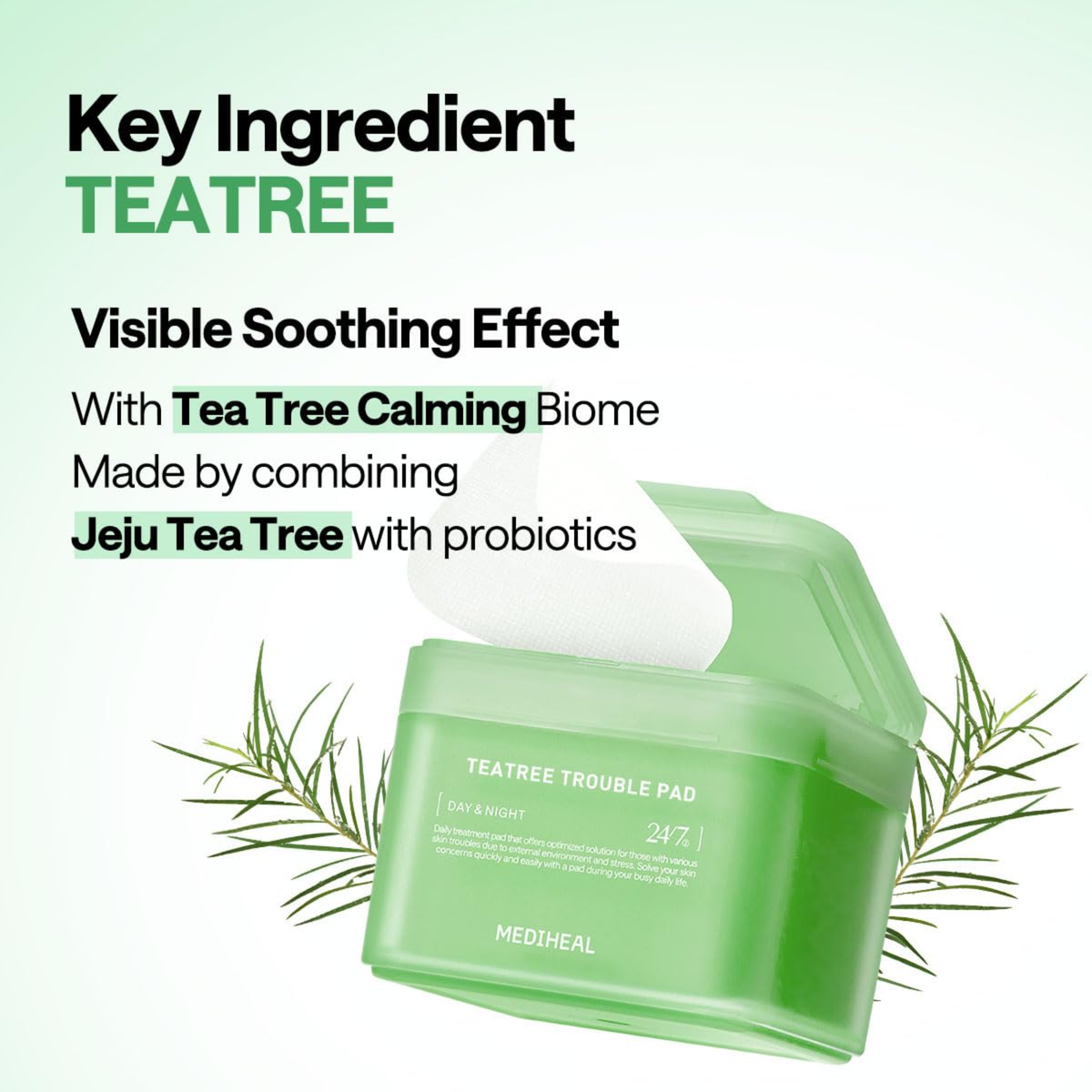 Green skincare product with text about tea tree key ingredient and visible soothing effect.
