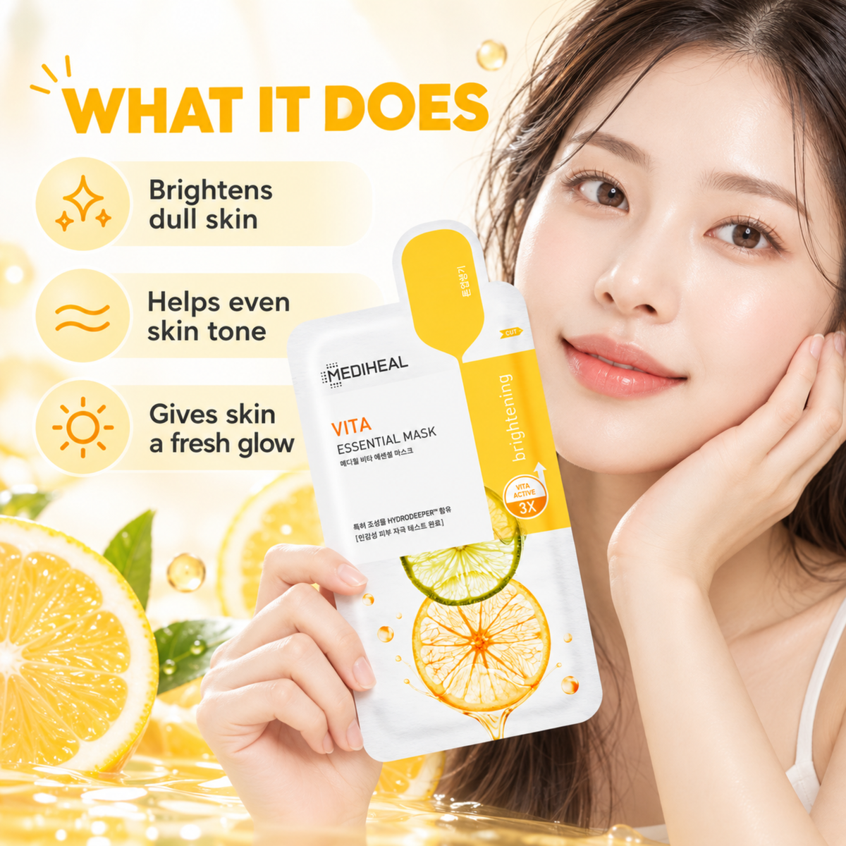 A woman holds a sheet mask packet against a bright, golden skincare-themed background with text describing benefits: brightens dull skin, helps even skin tone, and gives skin a fresh glow. The packet is white and yellow with citrus slice graphics.
