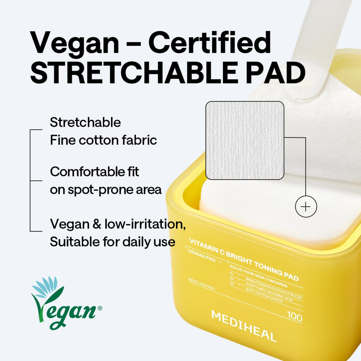 Vegan certified stretchable pad with yellow container and Mediheal branding.