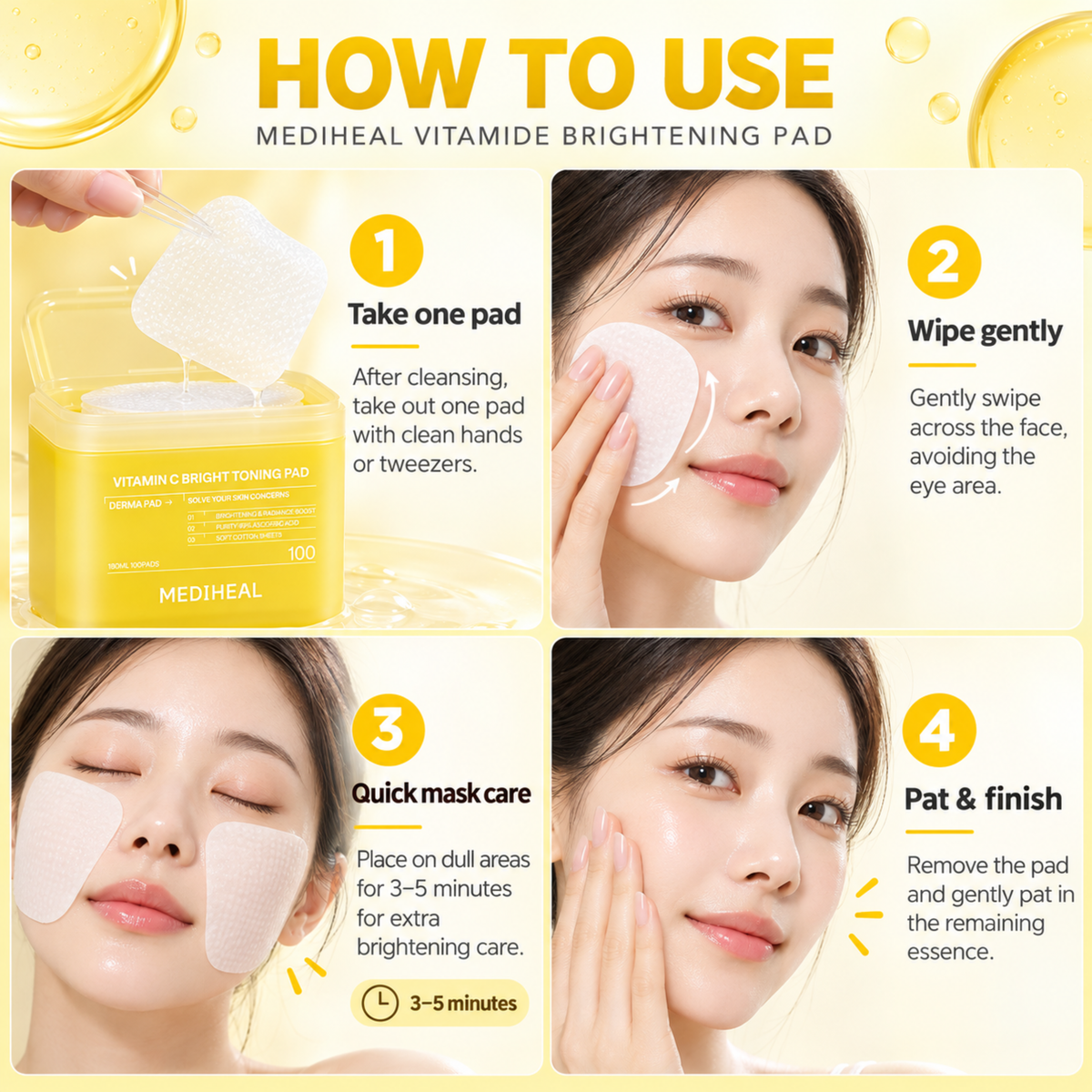 A four-panel instructional graphic titled 'HOW TO USE MEDIHEAL VITAMIDE BRIGHTENING PAD' showing a model applying and using brightening pads on her face, alongside a product jar and step-by-step directions.