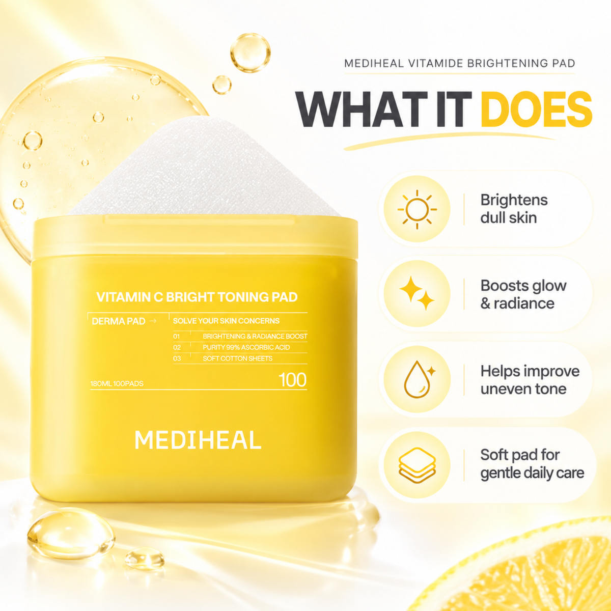 Mediheal Vitamin C Brightening Pad in a yellow jar with white powder, shown on a bright white background with promotional text and icons describing skin benefits.