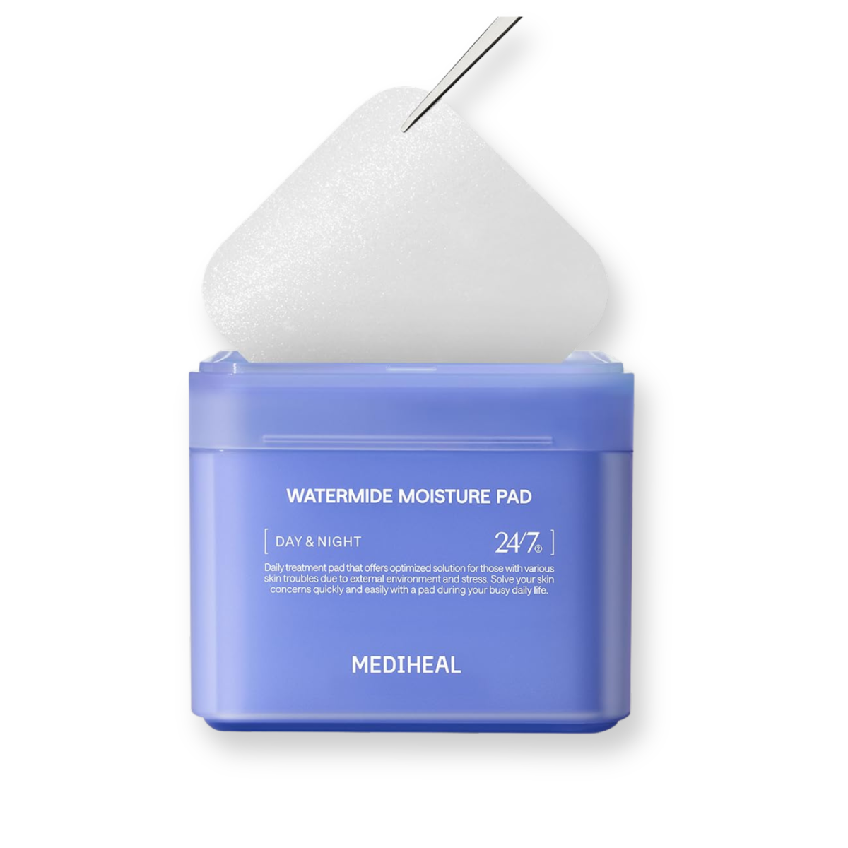A blue plastic jar of MEDIHEAL Watermide Moisture Pad with a white foam pad being pulled out from the top by a metal handle, shown on a clean white background.