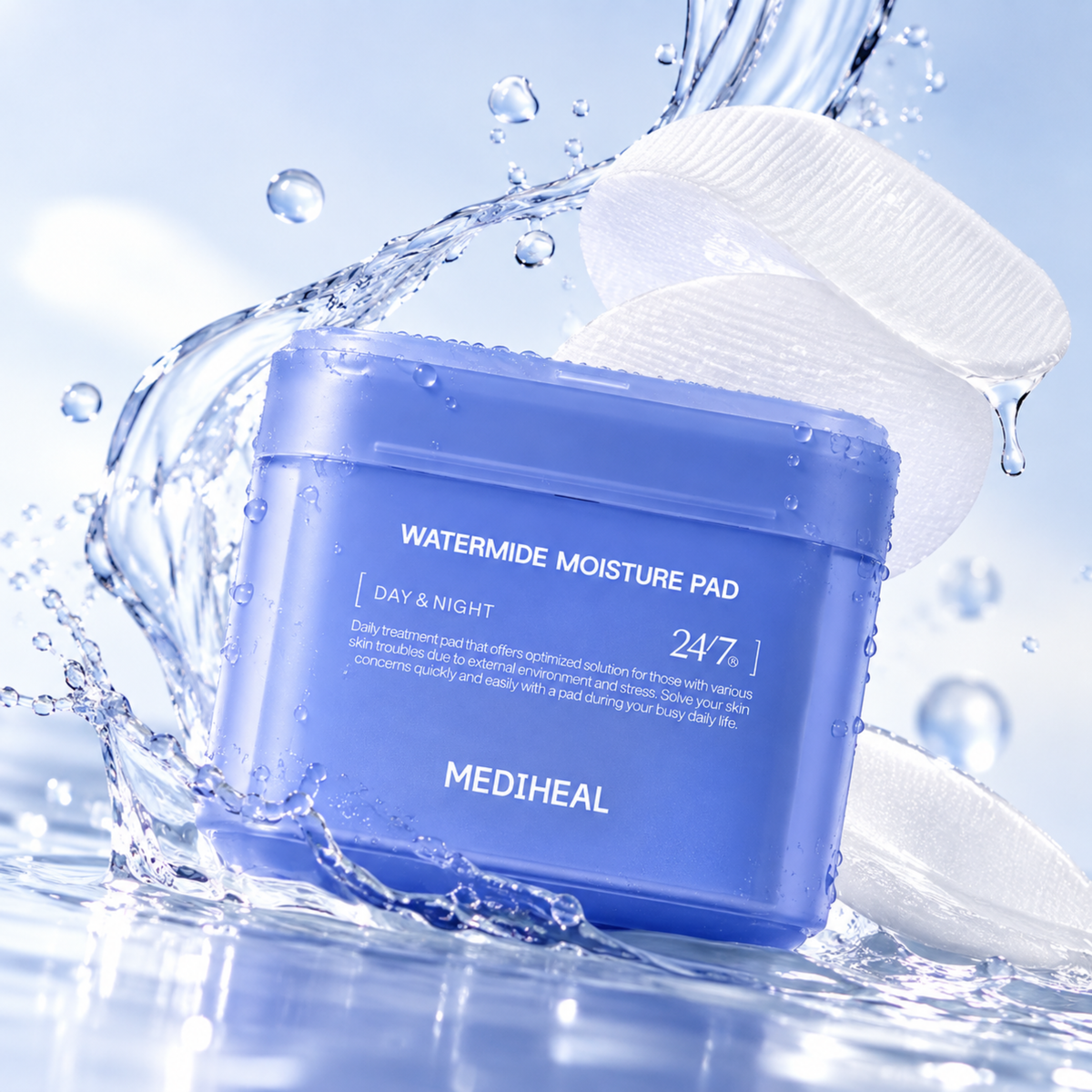 A blue jar of MEDIHEAL Watermide Moisture Pad surrounded by splashing water and white round pads on a glossy blue surface.