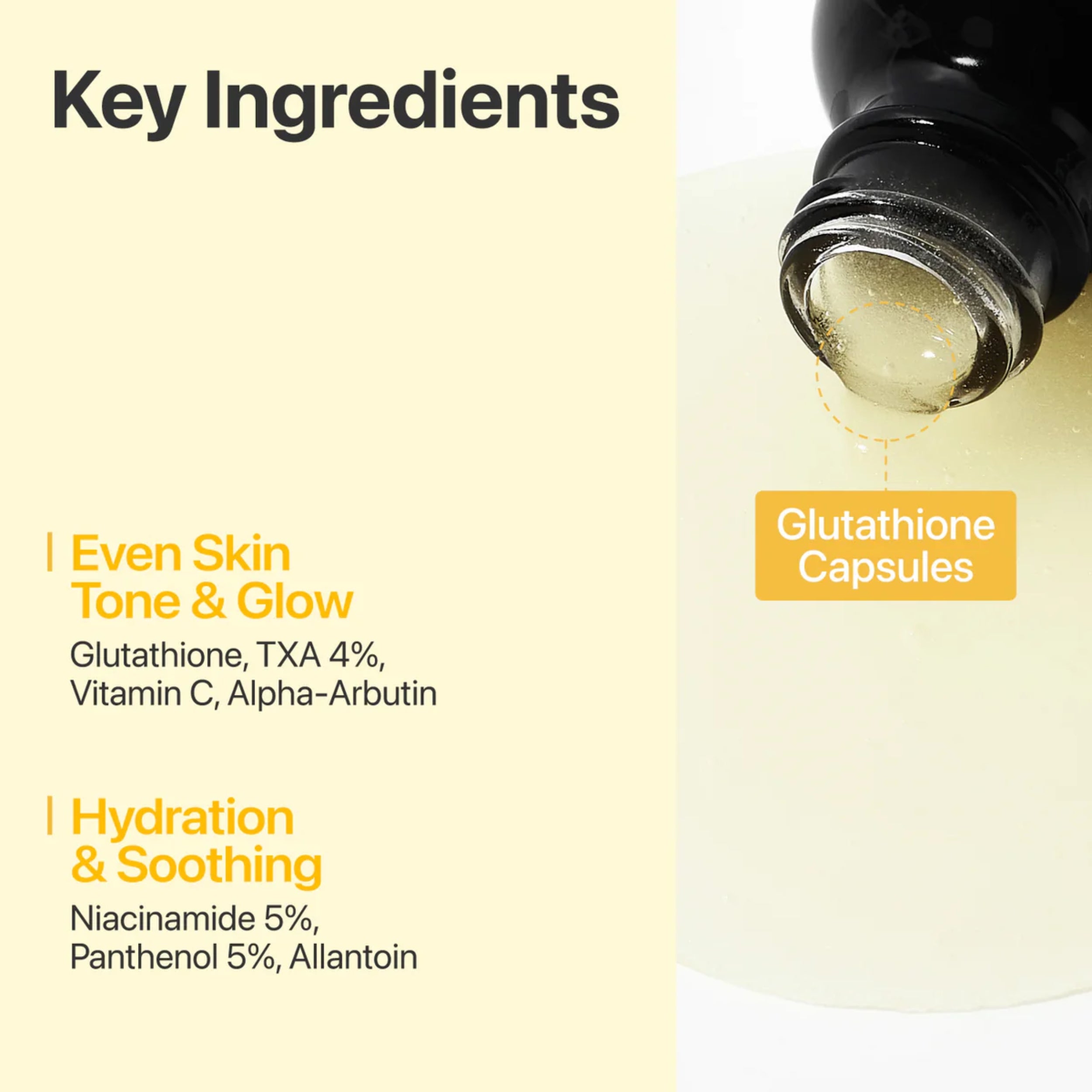 Skincare product with key ingredients listed on a beige background