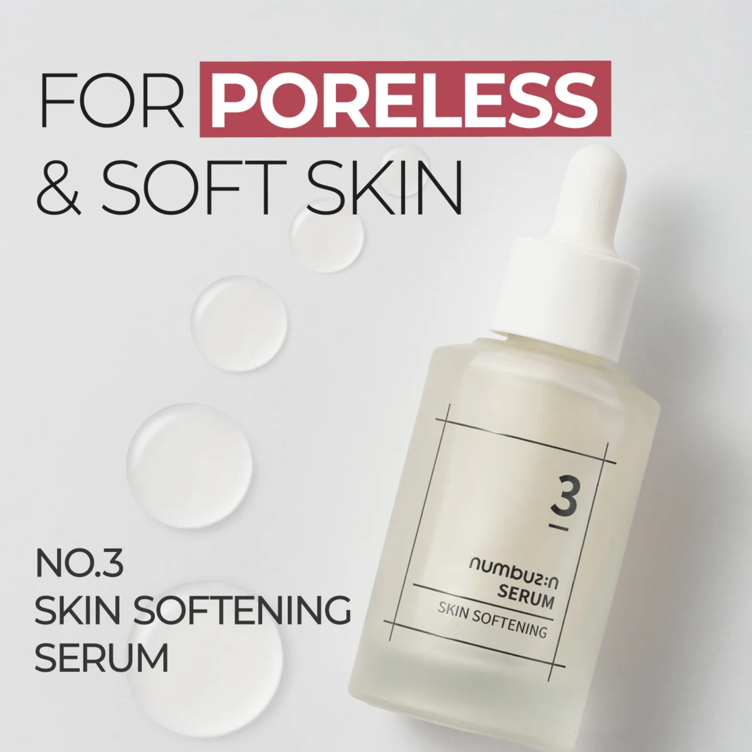 Skin softening serum bottle with dropper on a light background, labeled for poreless and soft skin.