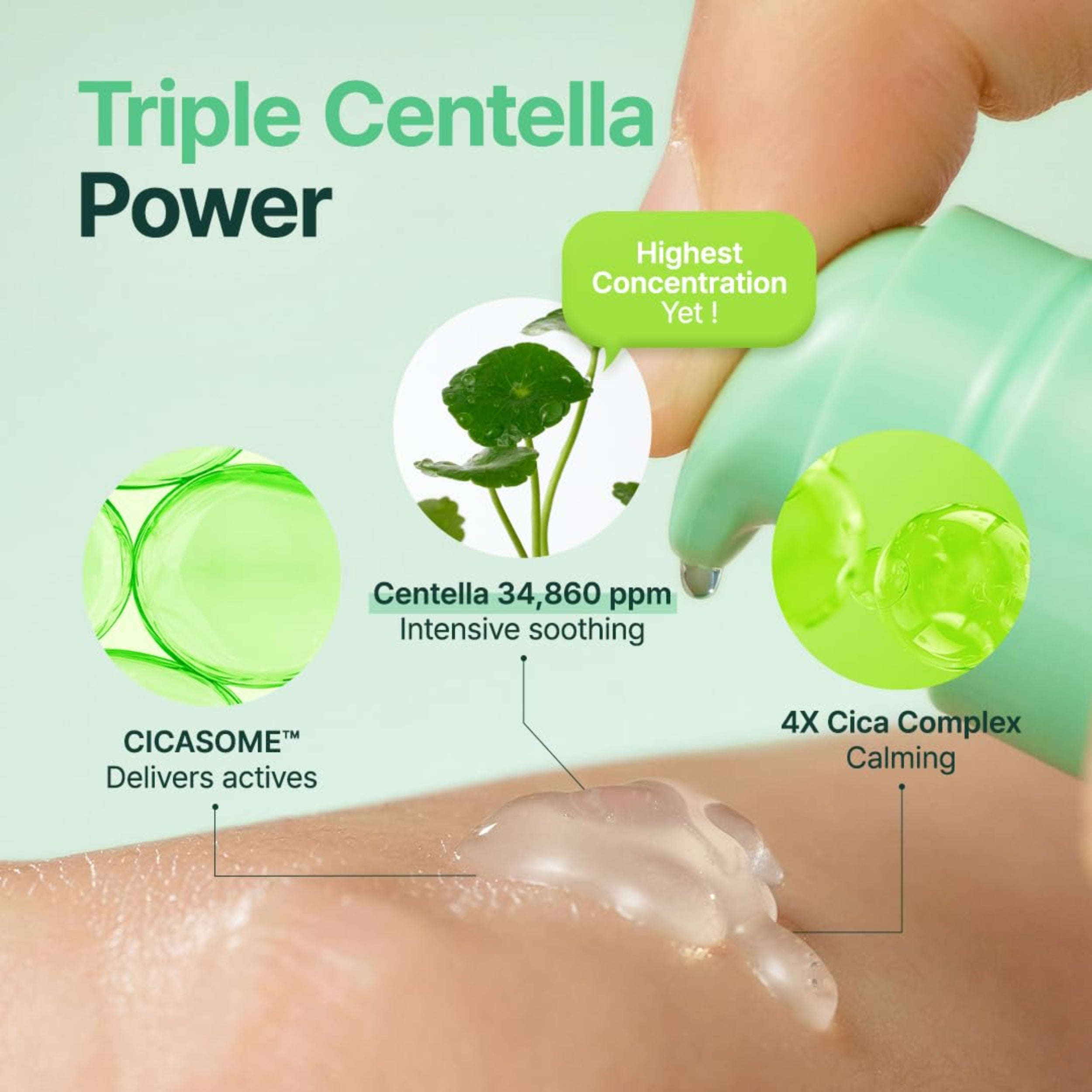 Product with Triple Centella Power text and green elements on a light green background