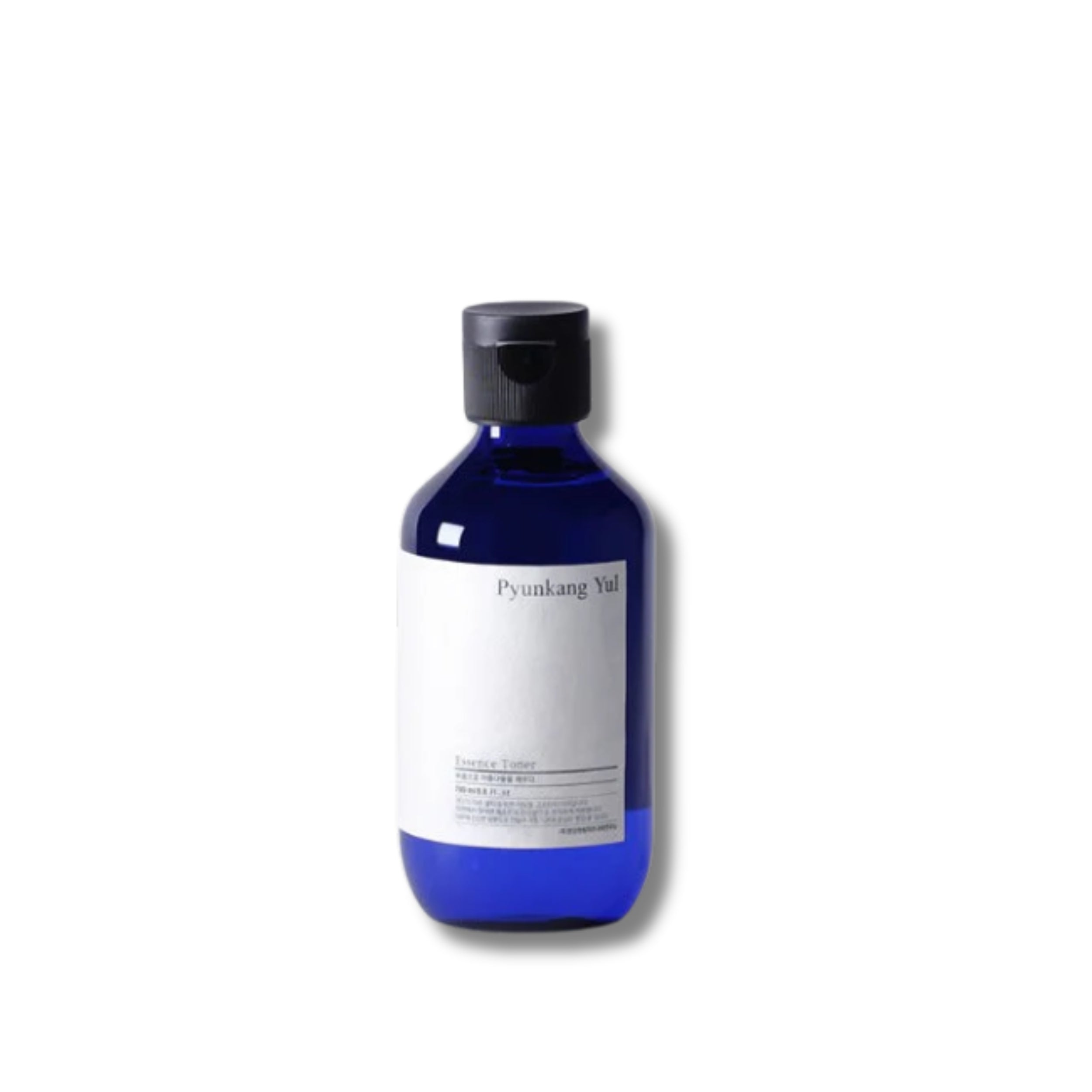 Blue bottle with black cap on a white background
