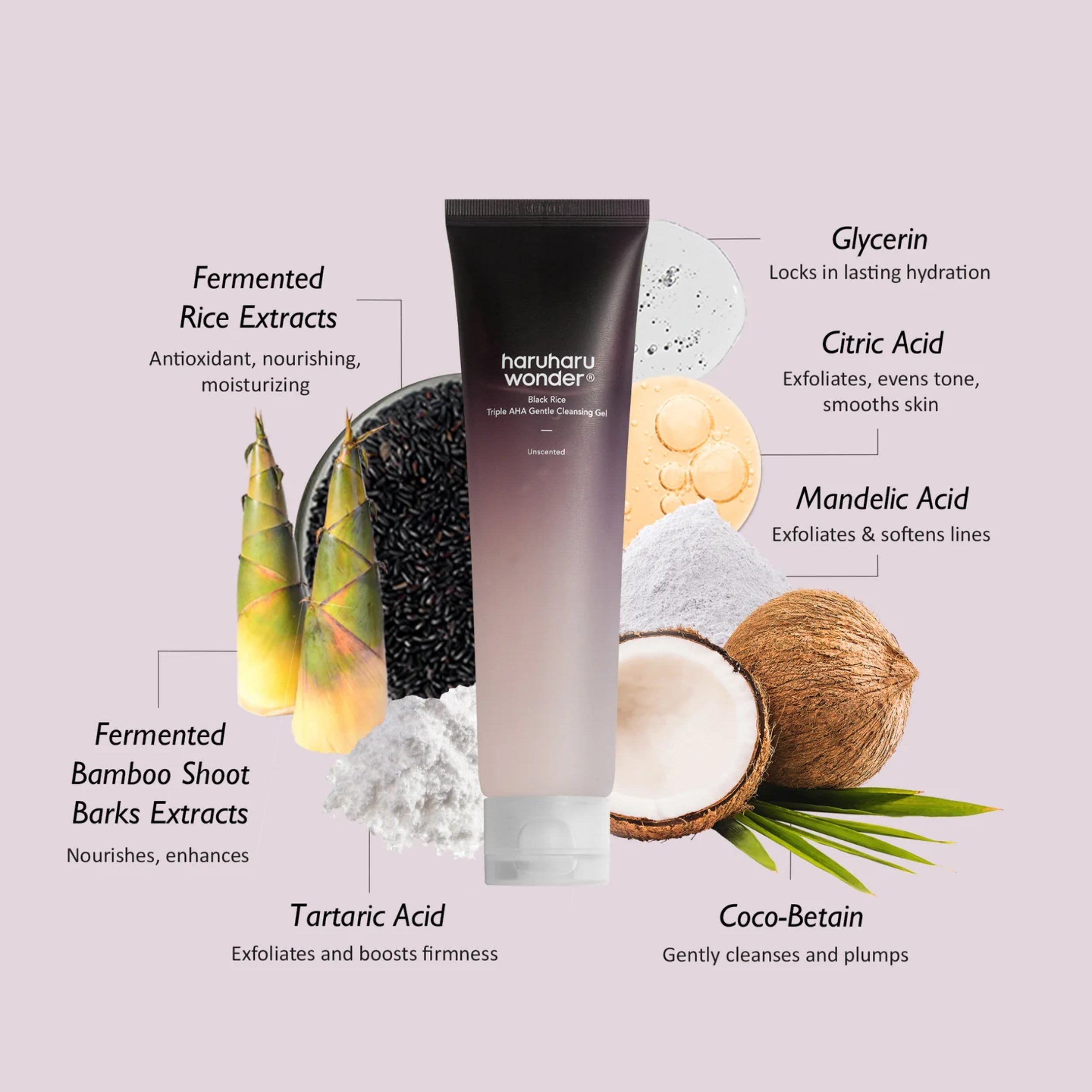 Haruharu Wonder cleanser tube with ingredients displayed on a light purple background