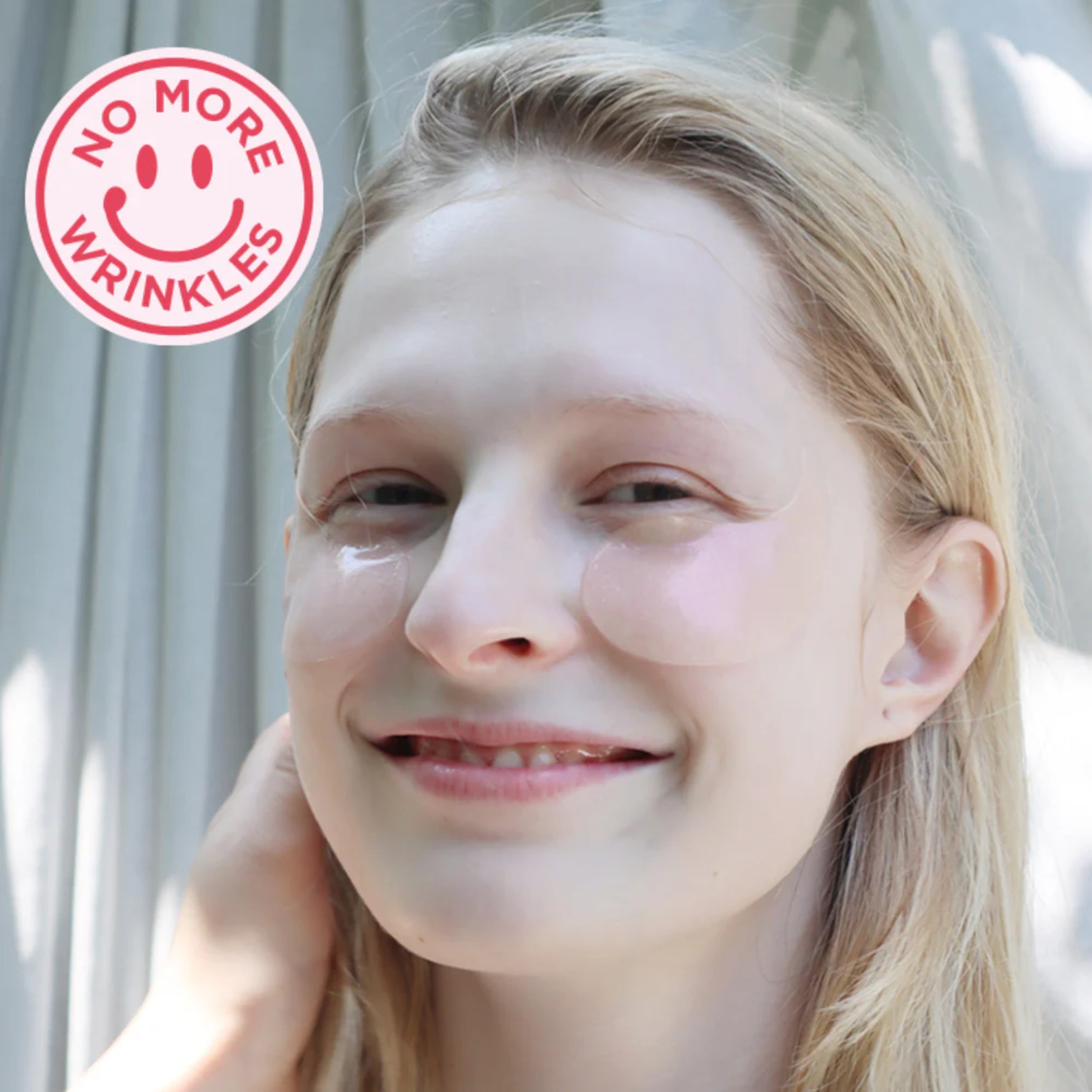 Woman with smooth skin and 'No More Wrinkles' logo in the corner