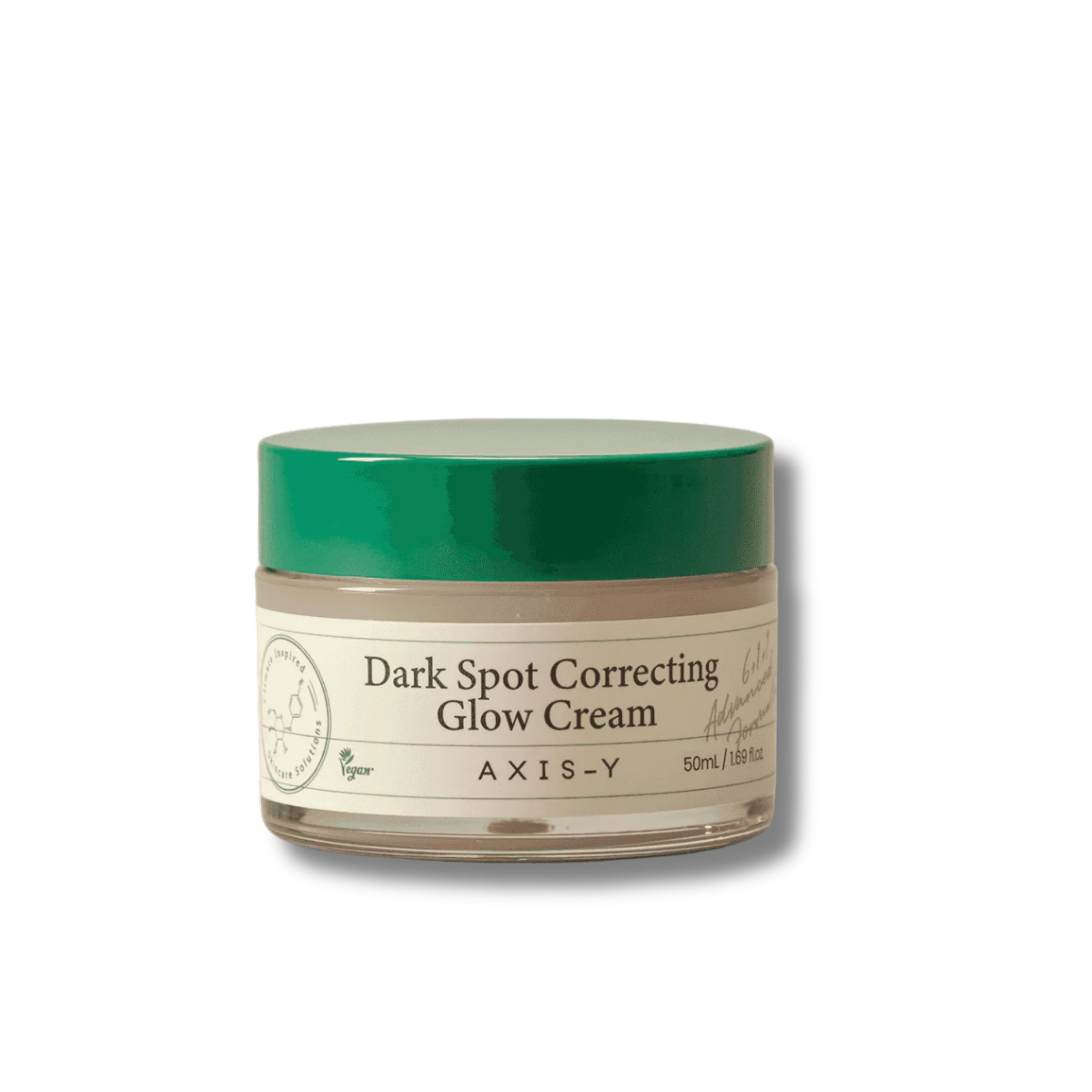 Jar of Axis-Y Dark Spot Correcting Glow Cream with green lid on a white background