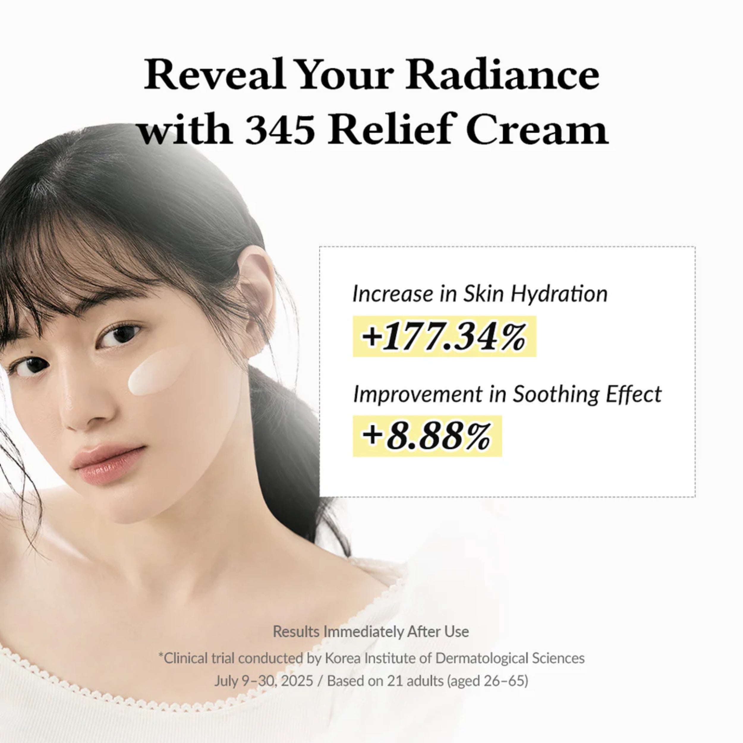 Advertisement for 345 Relief Cream showing a woman's face with cream applied, text highlighting skin hydration and soothing effects.
