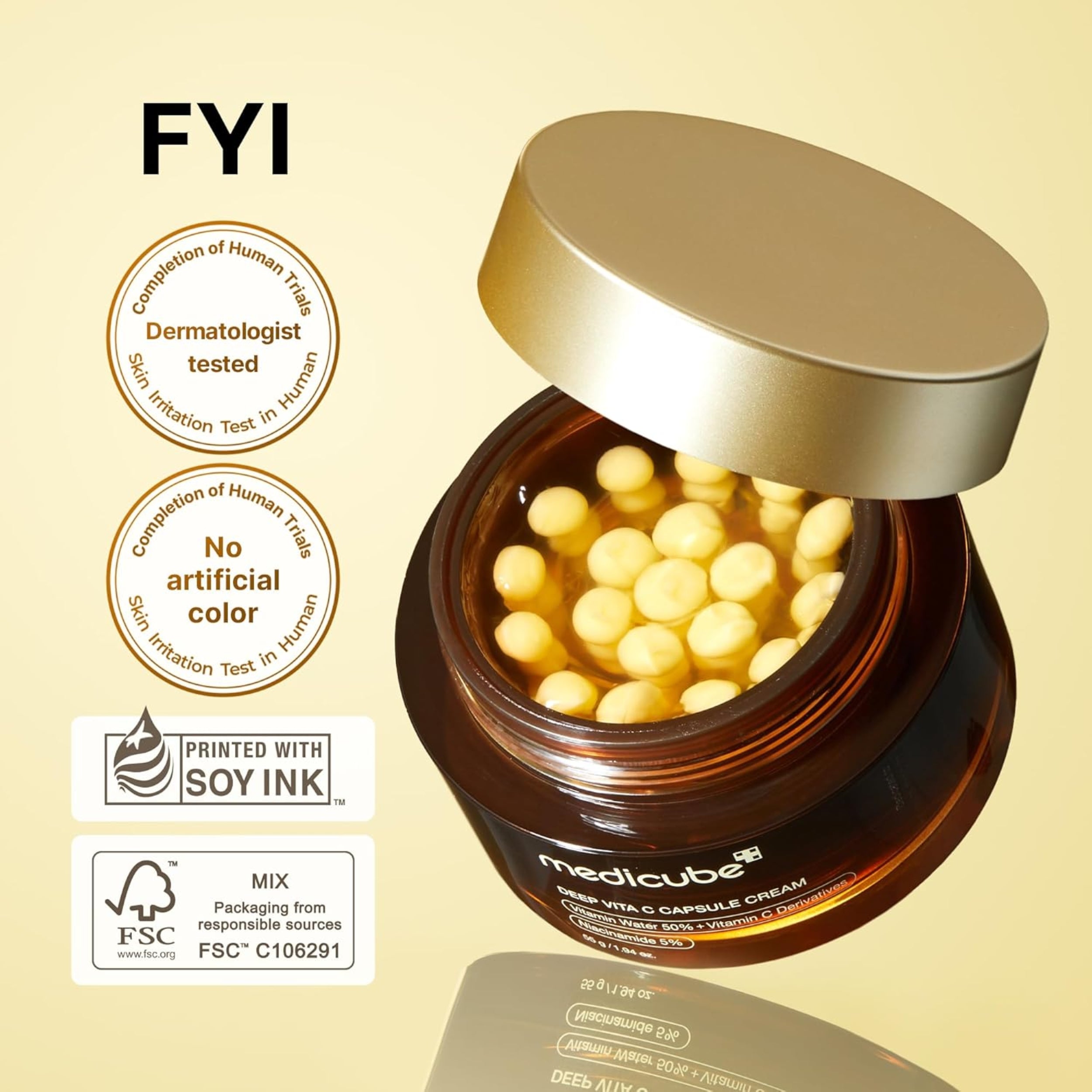 Jar of medicube cream with gold lid on a beige background, featuring logos and text.