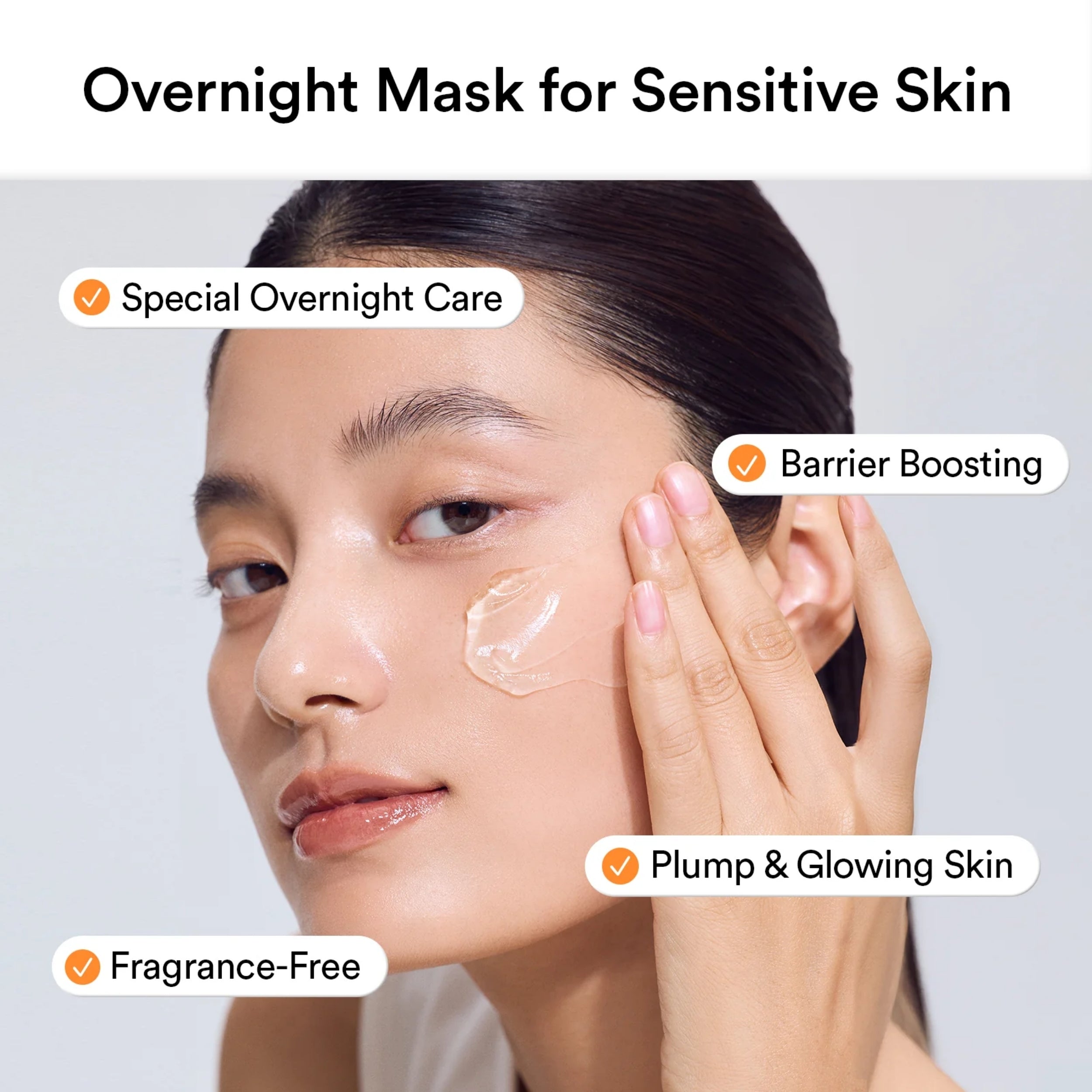 Woman applying Abib Rice Probiotics Overnight Mask at night routine with text highlighting features.