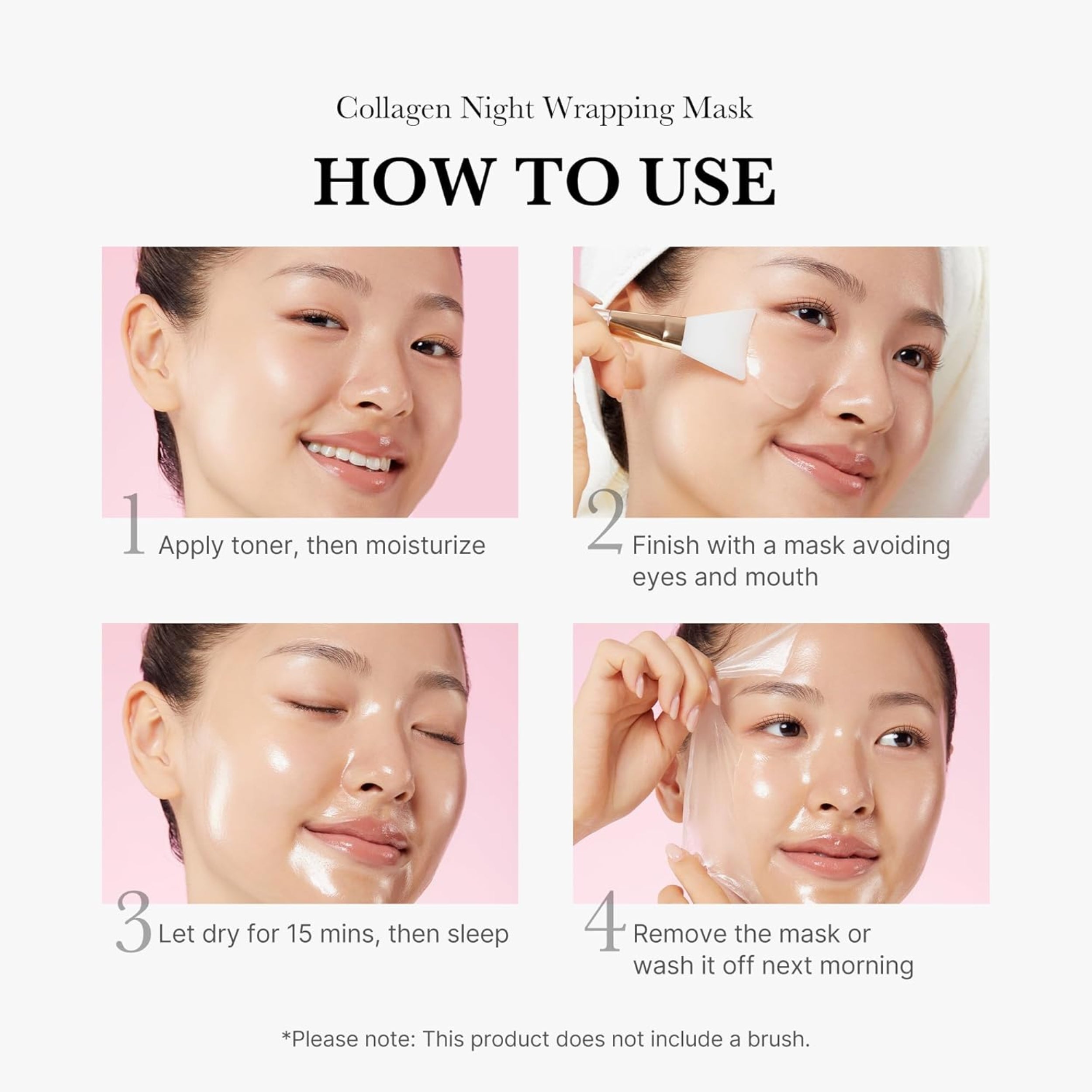 Instructions on how to use a collagen night wrapping mask with step-by-step images.