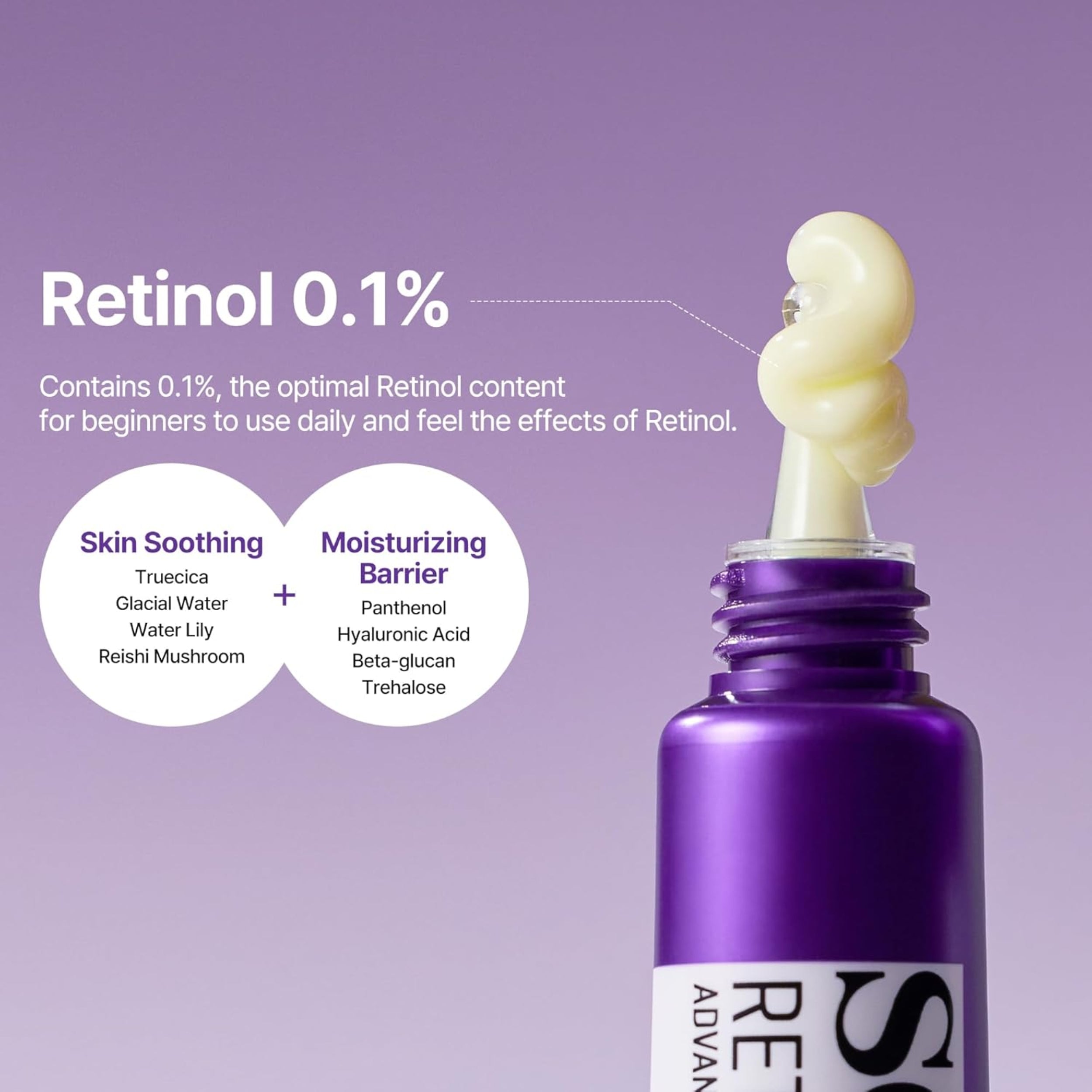 Purple skincare serum bottle with text about Retinol 0.1% on a purple background