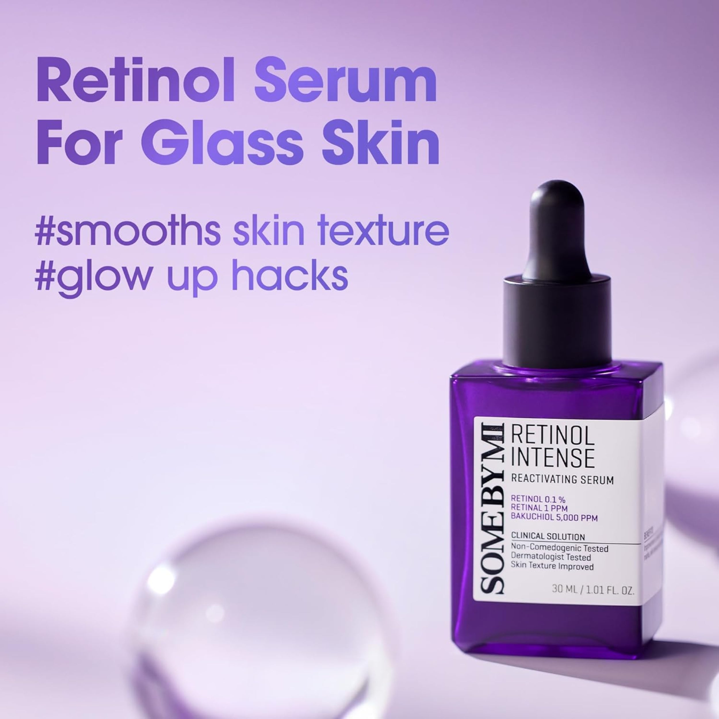 Retinol serum bottle with promotional text on a purple background
