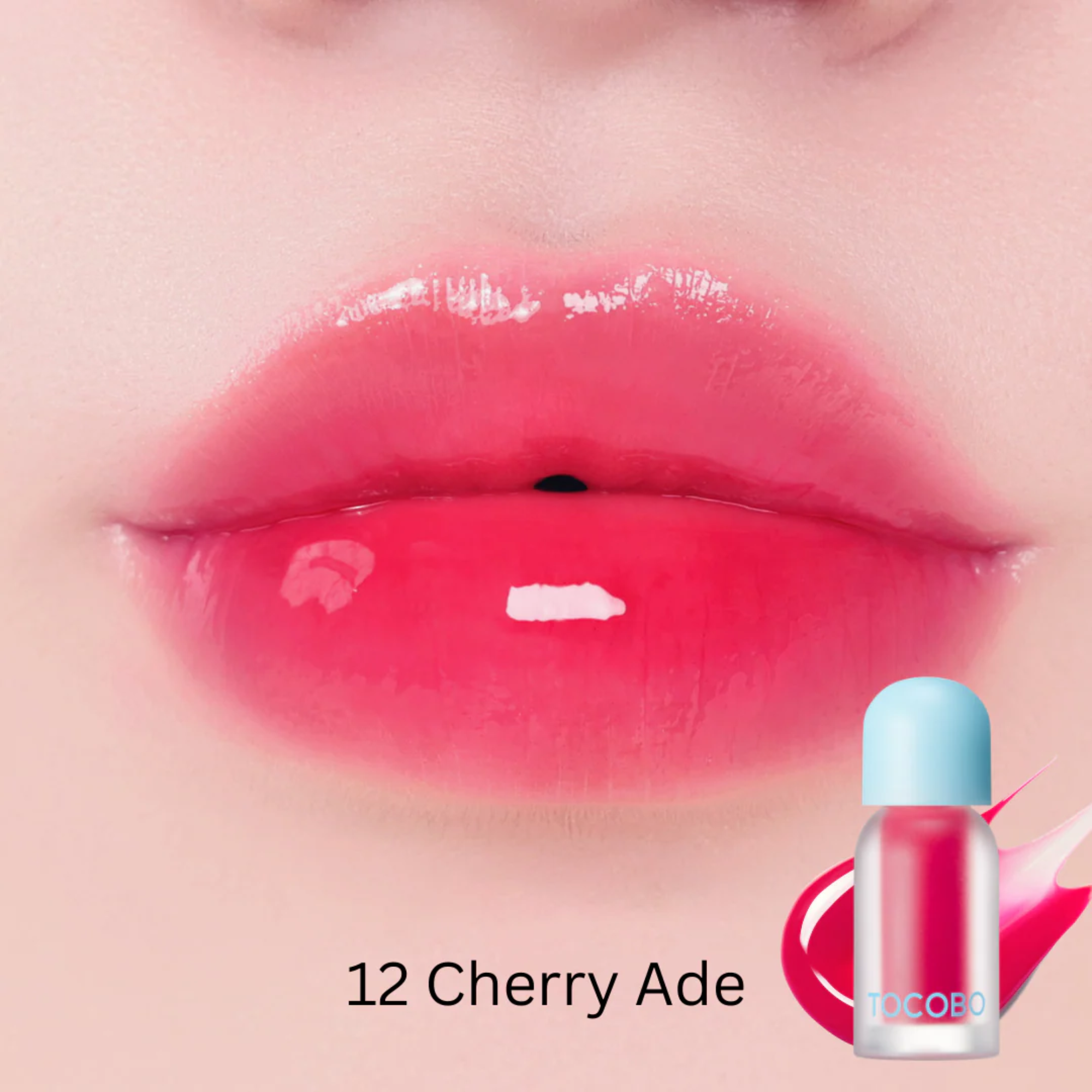 Lip with pink lipstick labeled '12 Cherry Ade' and a bottle of the product on a light pink background.