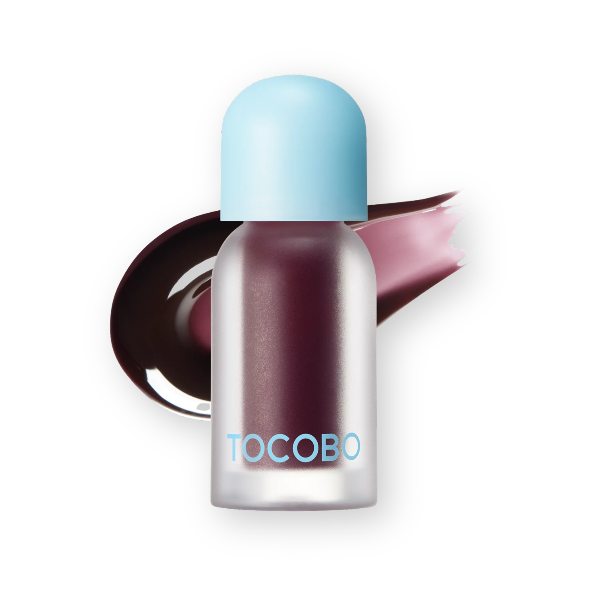 A bottle of TocoBo liquid makeup with a light blue cap, showing a deep berry purple shade inside, set against a white background with a dark and pink swatch behind it.