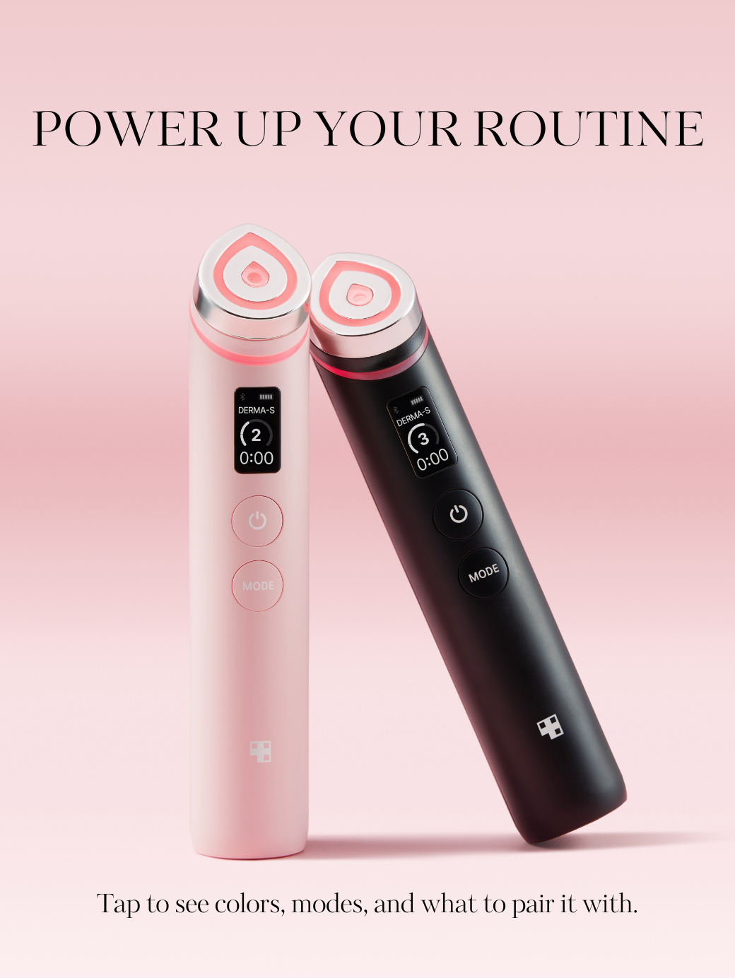 Two medicube devices, one pink and one black, on a pink background with text 'Power Up Your Routine'.