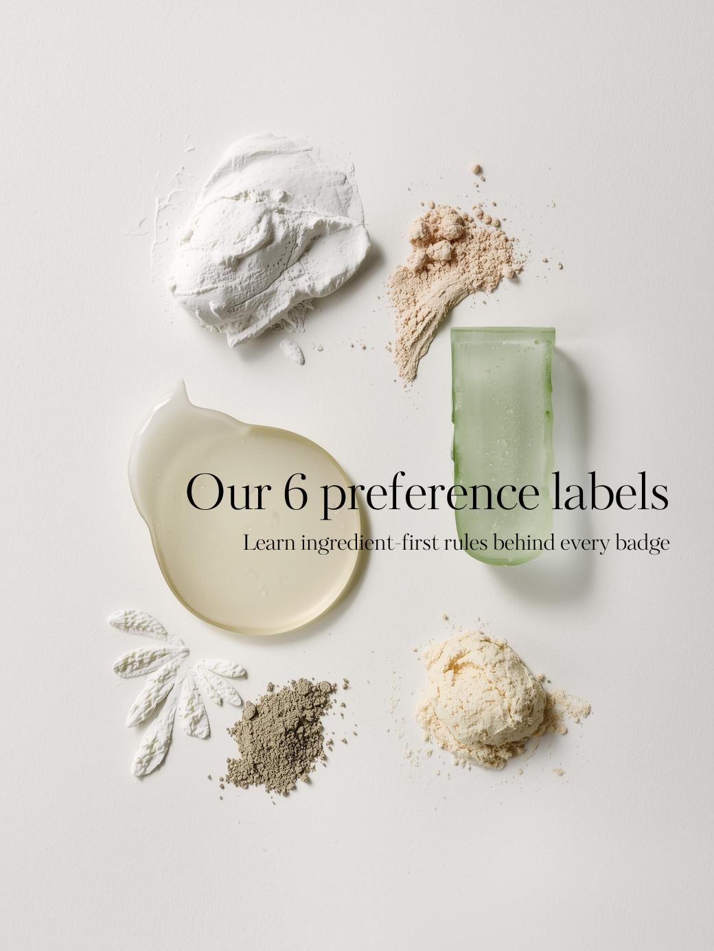 Cosmetic products with text about preference labels on a light background