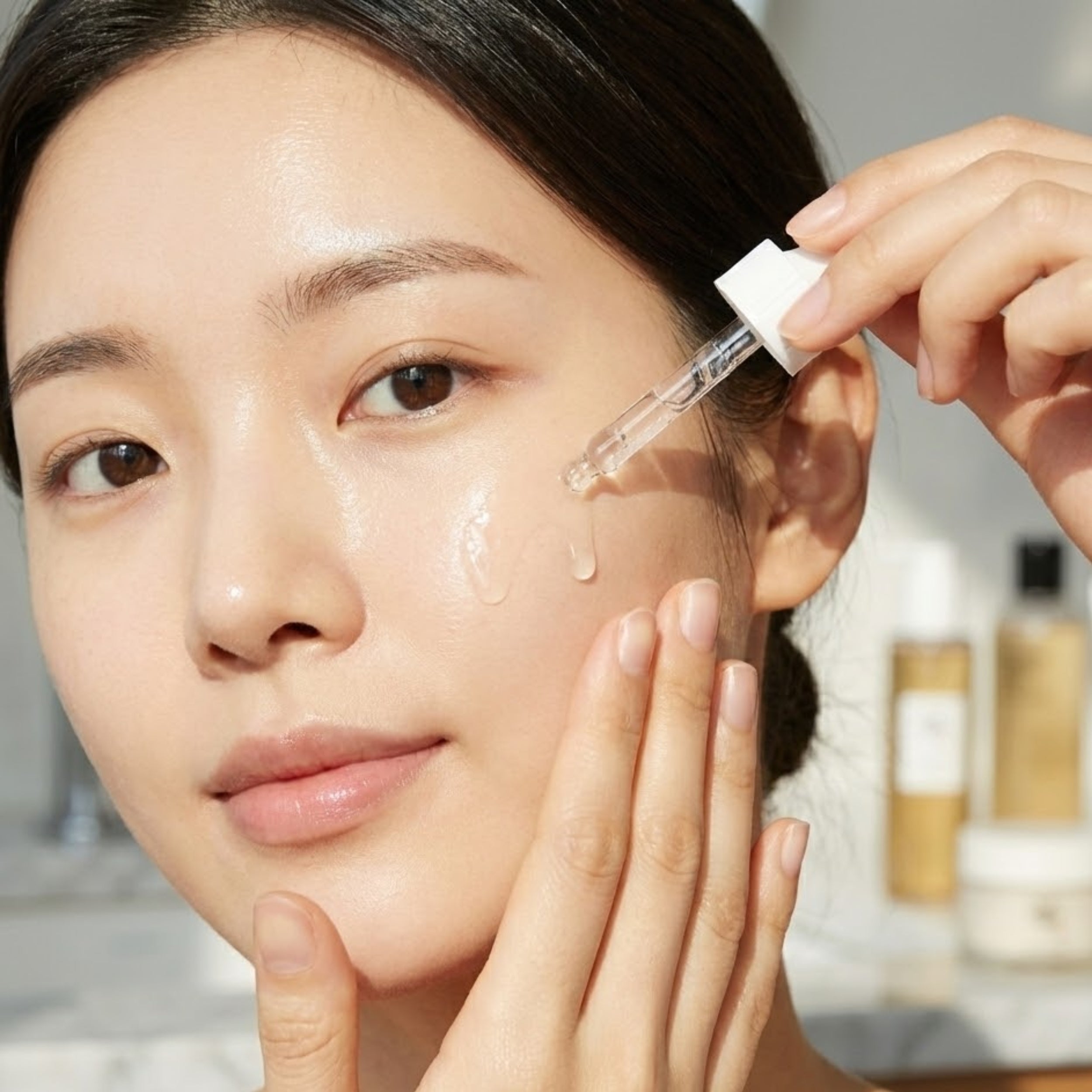 Person applying a dropper of skincare product to their face