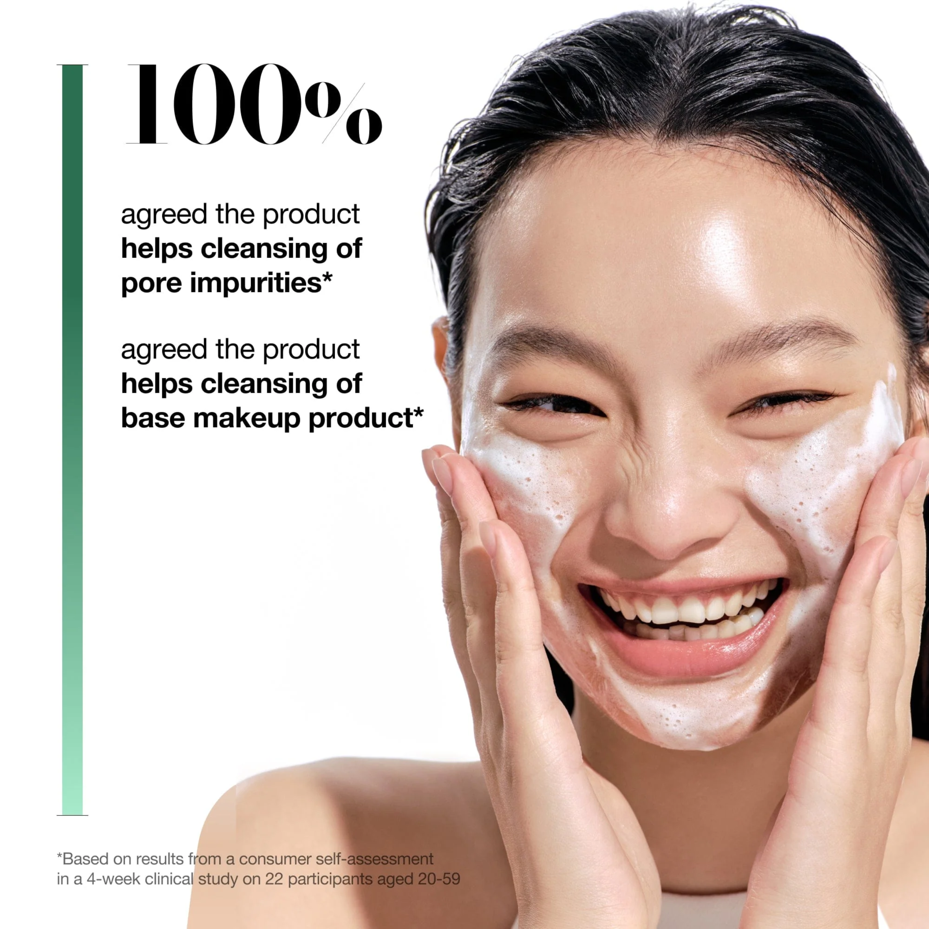 Woman applying facial cleanser with text about product effectiveness on a white background