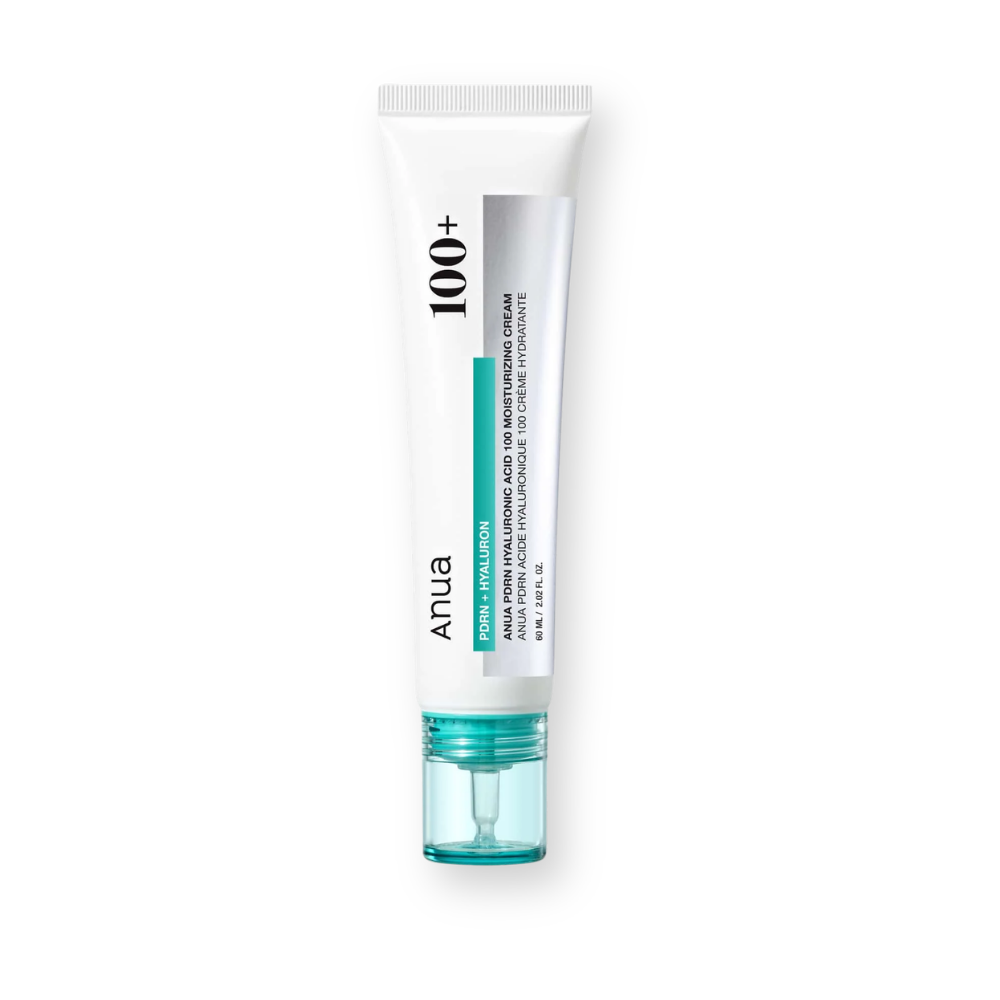 Anua 100+ Skin + Hyaluron anti-aging cream in a white squeeze tube with a teal cap, shown on a clean white background.