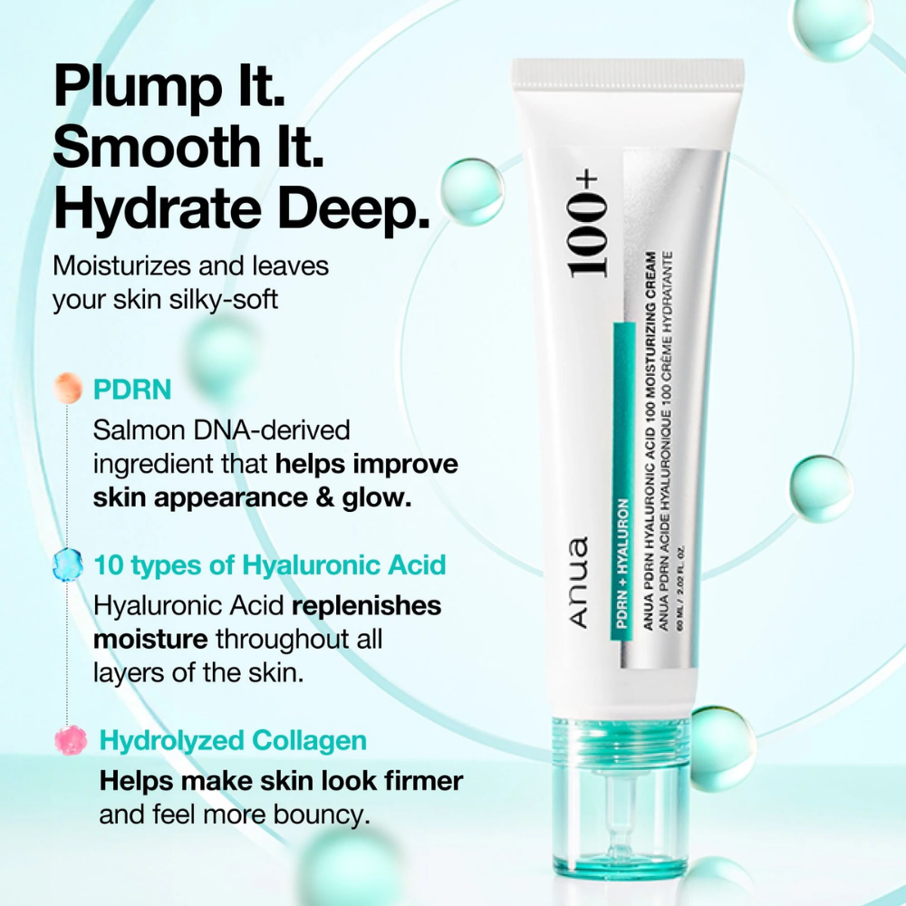 Anua 100+ moisturizing cream tube with product features on a light blue background