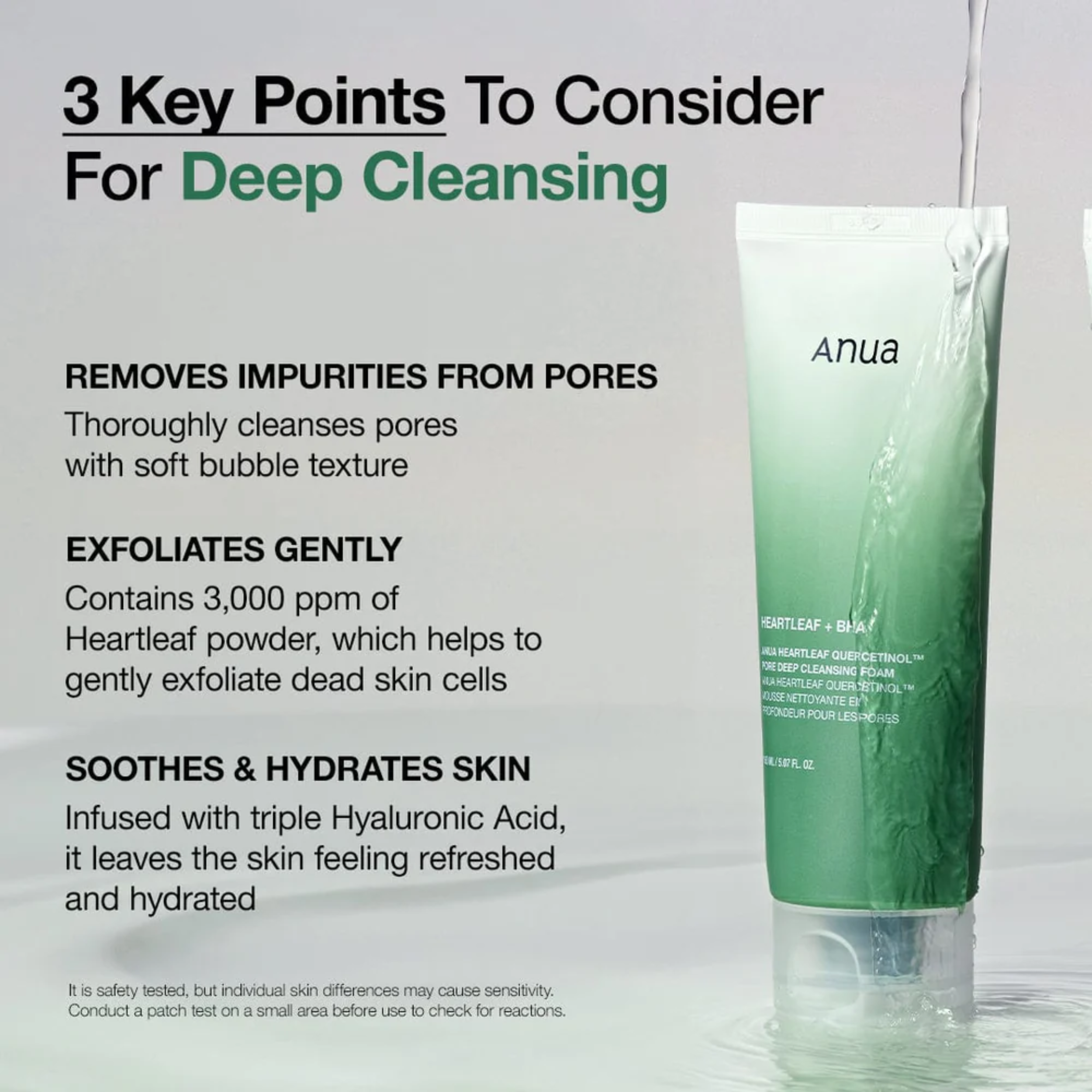 Green skincare product with text on deep cleansing benefits on a gray background