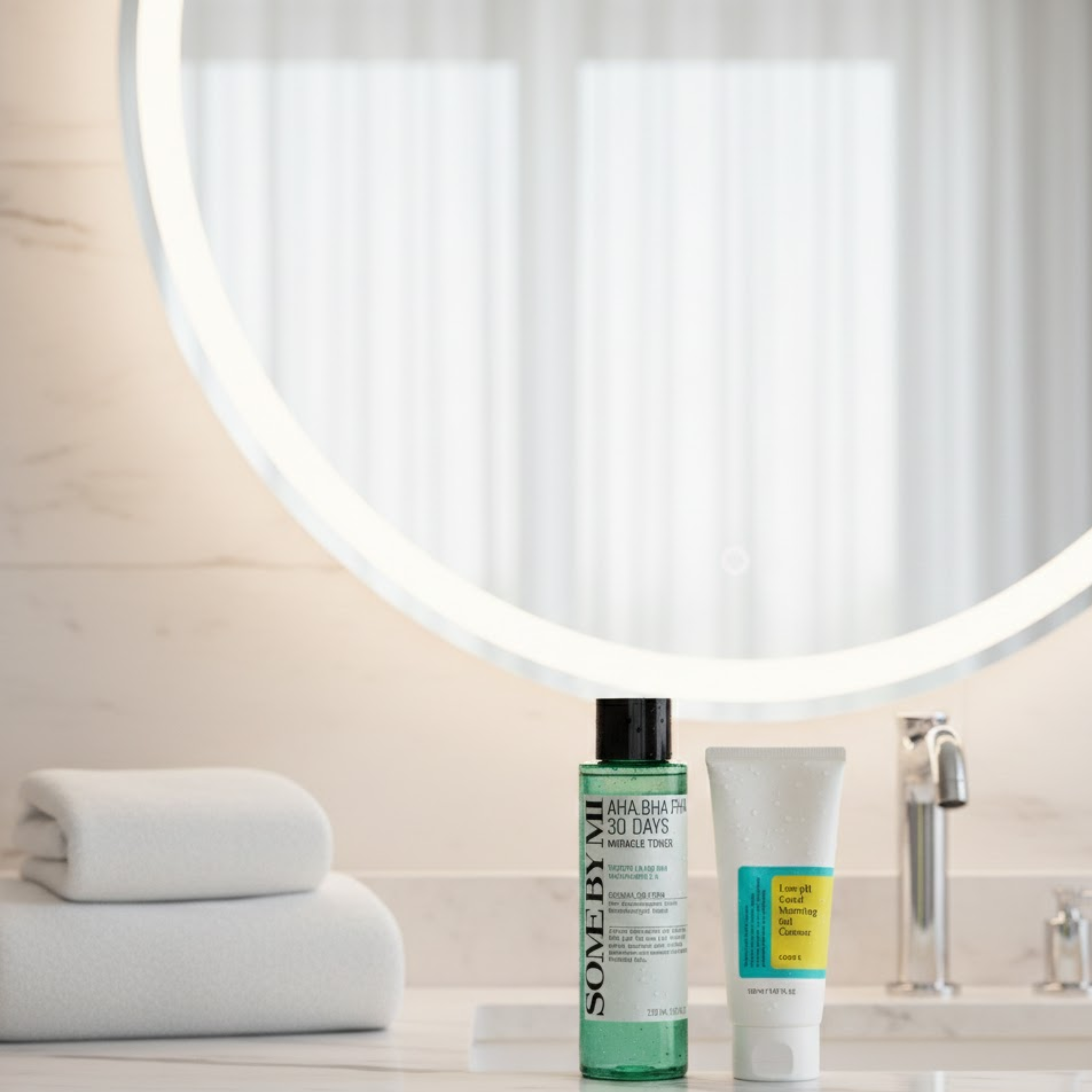 Cosmetic products on a bathroom counter with a round mirror in the background