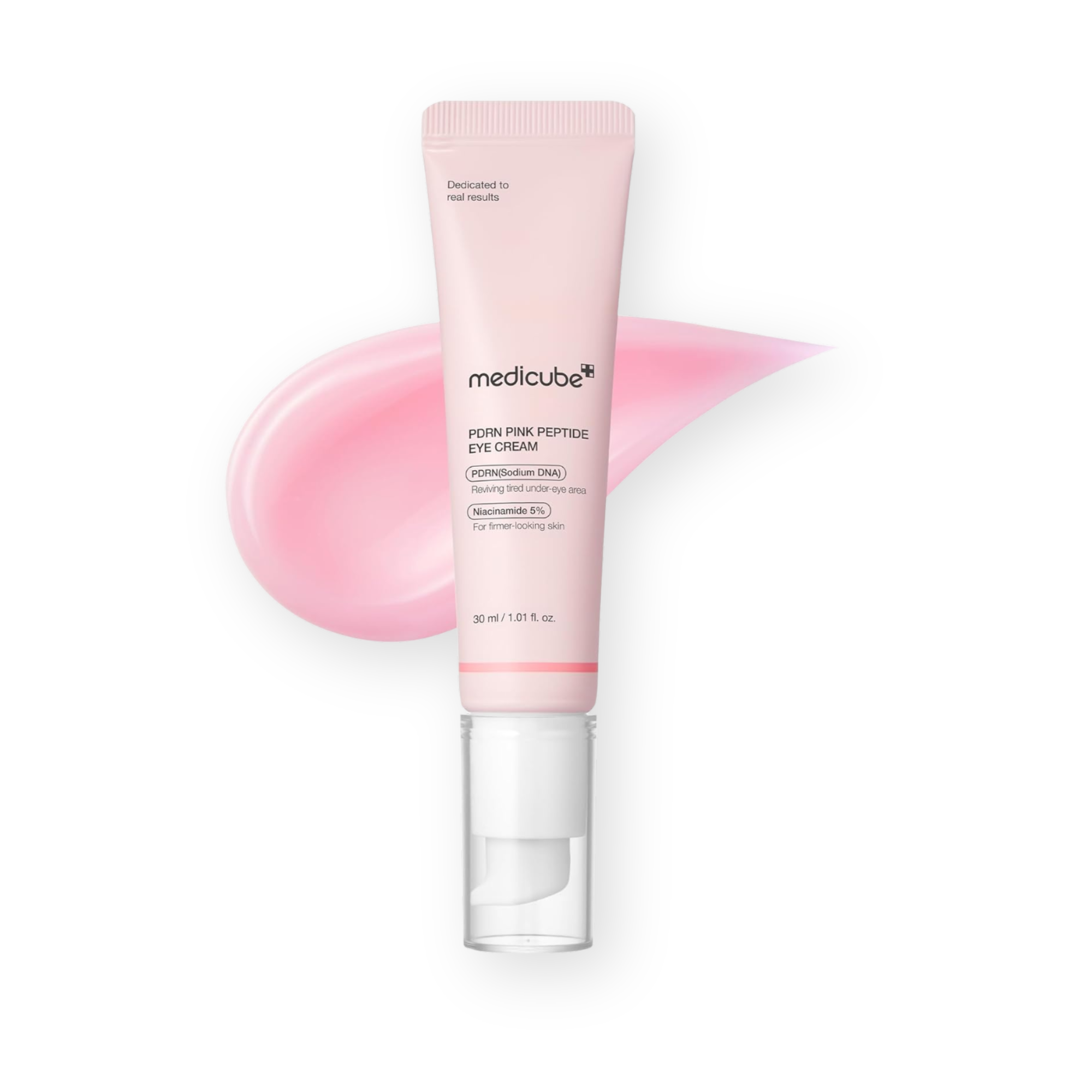 A pink squeeze tube of medicube Super-Pink Peptide Eye Cream with a clear cap, shown in front of a pink cream smear on a white background.