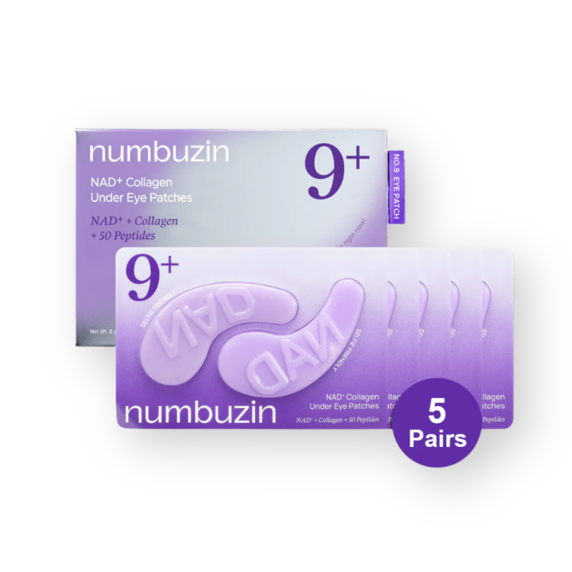 Two boxes of numbuzin 9+ NAD+ Collagen Under Eye Patches shown on a white background, with one box partially behind the other and a purple circle badge indicating 5 pairs.